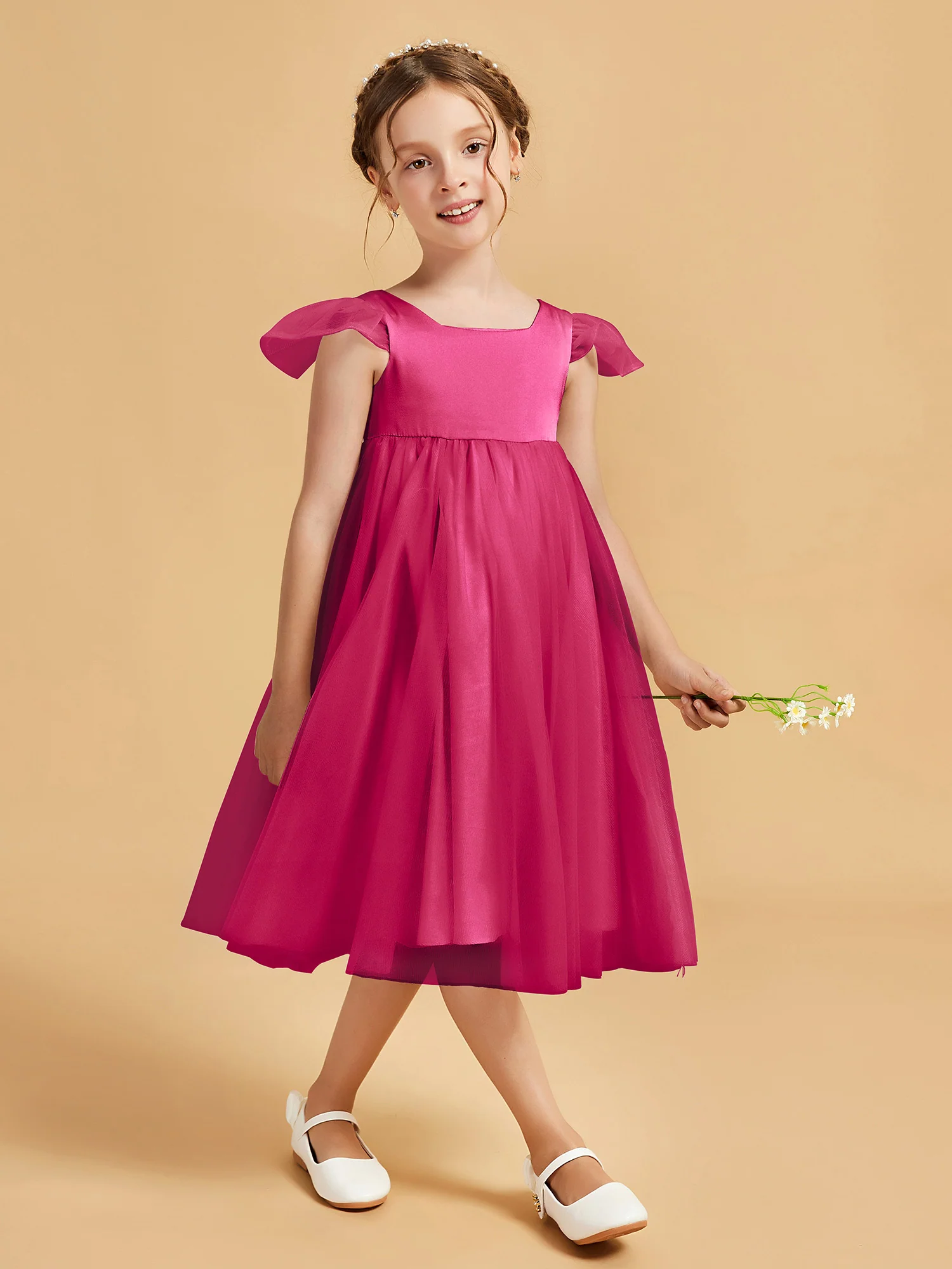 Square Neck Girl's Dress With Flutter Sleeves Fuchsia