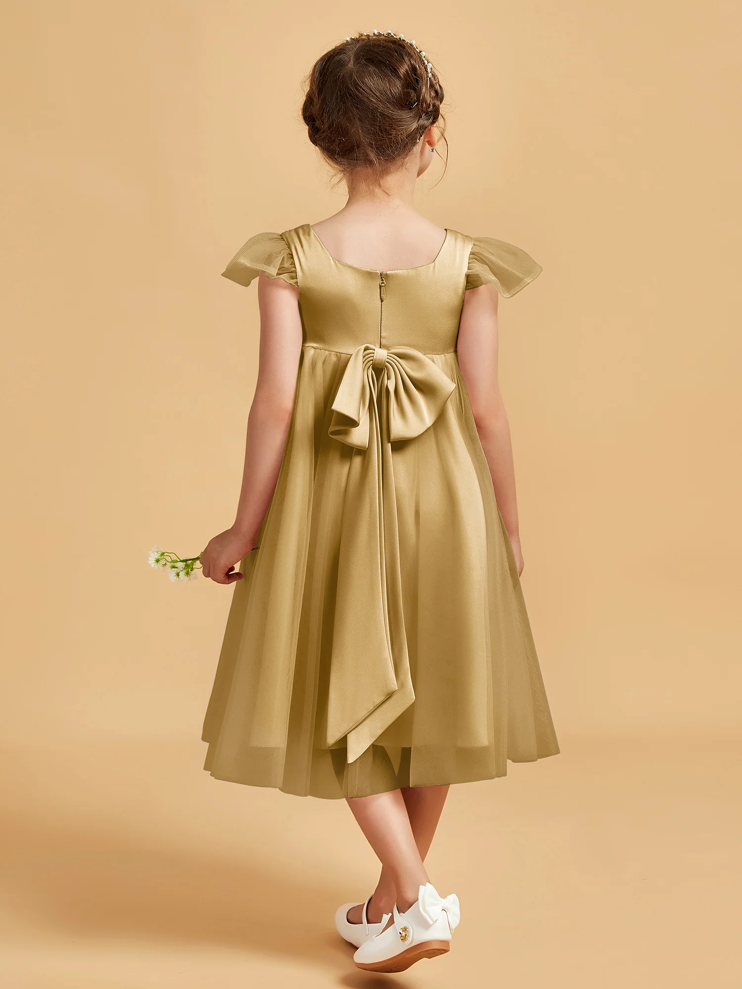 Square Neck Girl's Dress With Flutter Sleeves Gold - Image 2