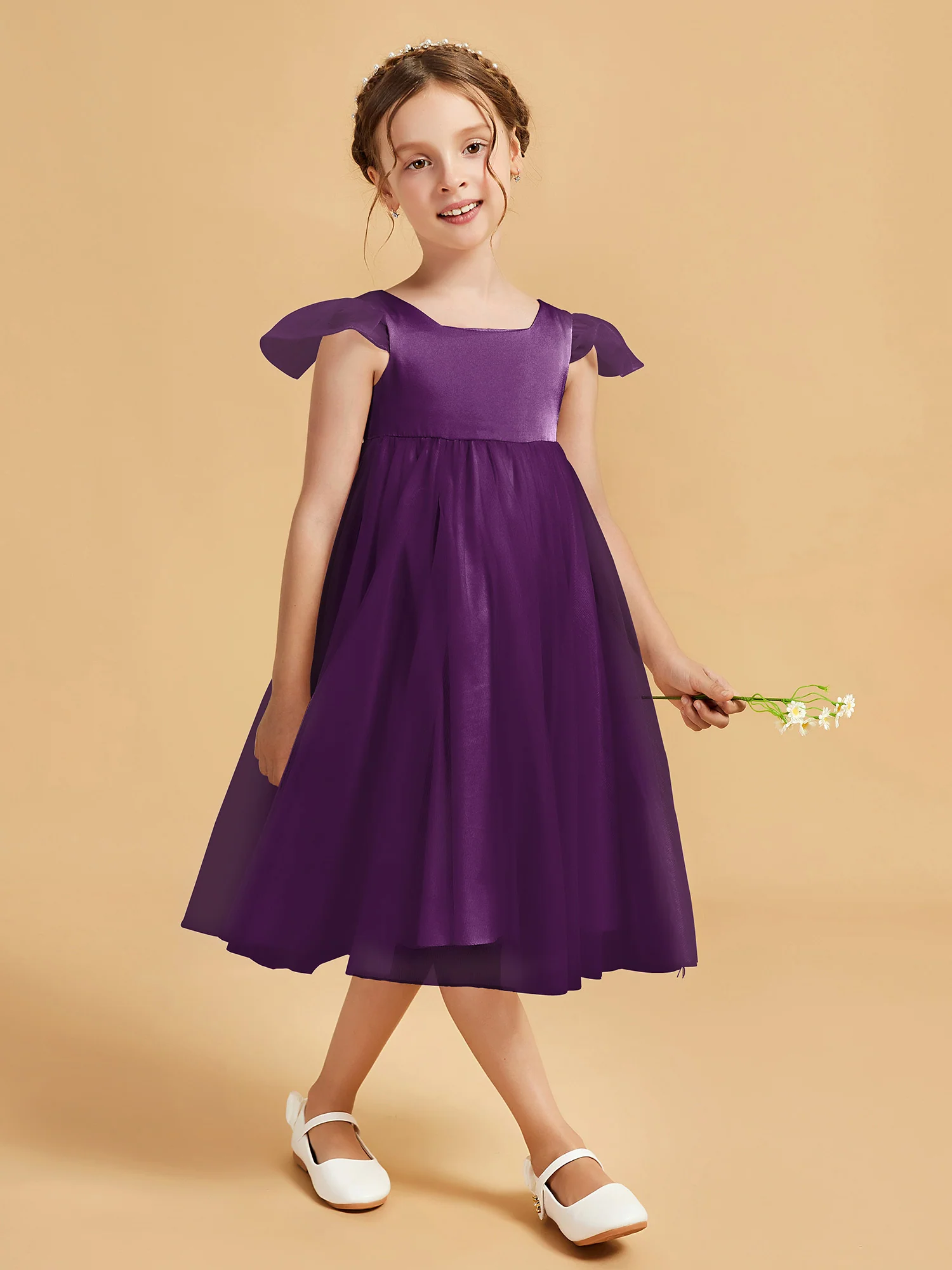 Square Neck Girl's Dress With Flutter Sleeves Grape