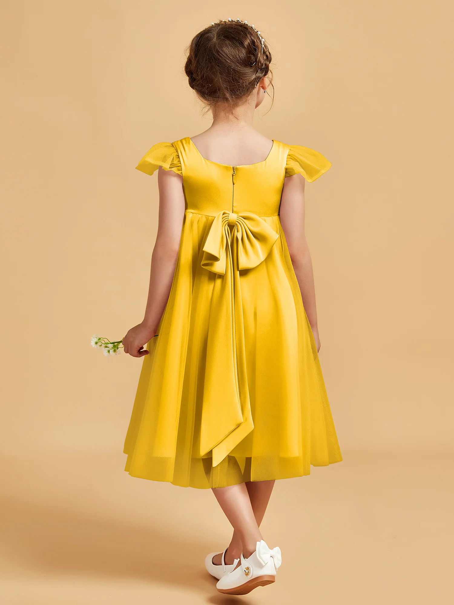 Square Neck Girl's Dress With Flutter Sleeves Marigold - Image 2