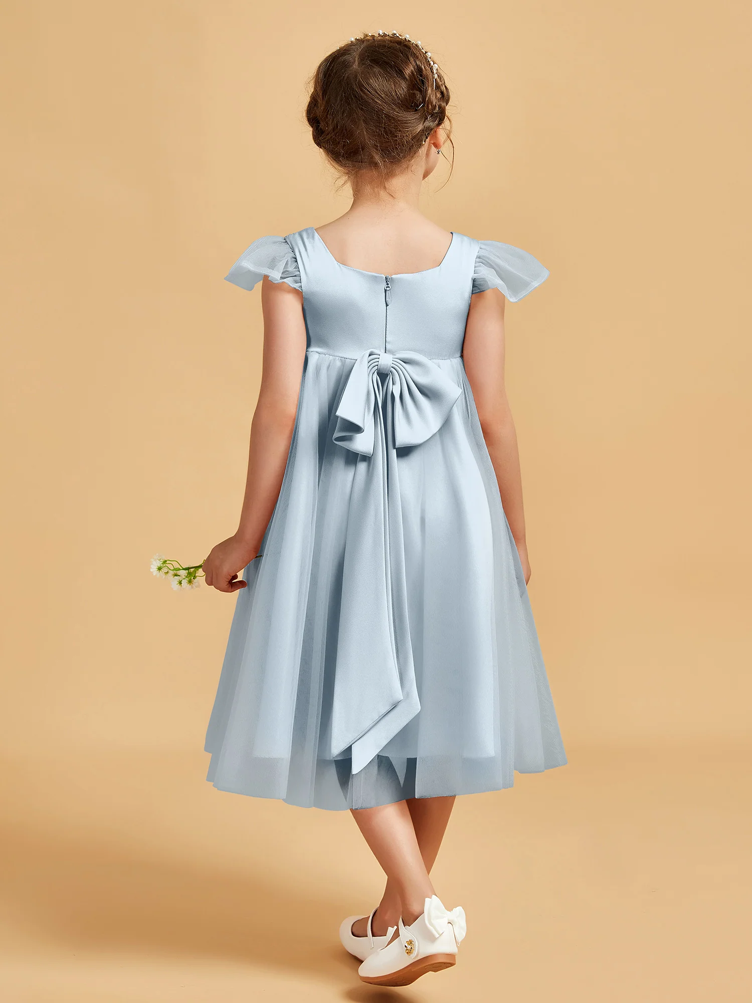 Square Neck Girl's Dress With Flutter Sleeves Mist - Image 2
