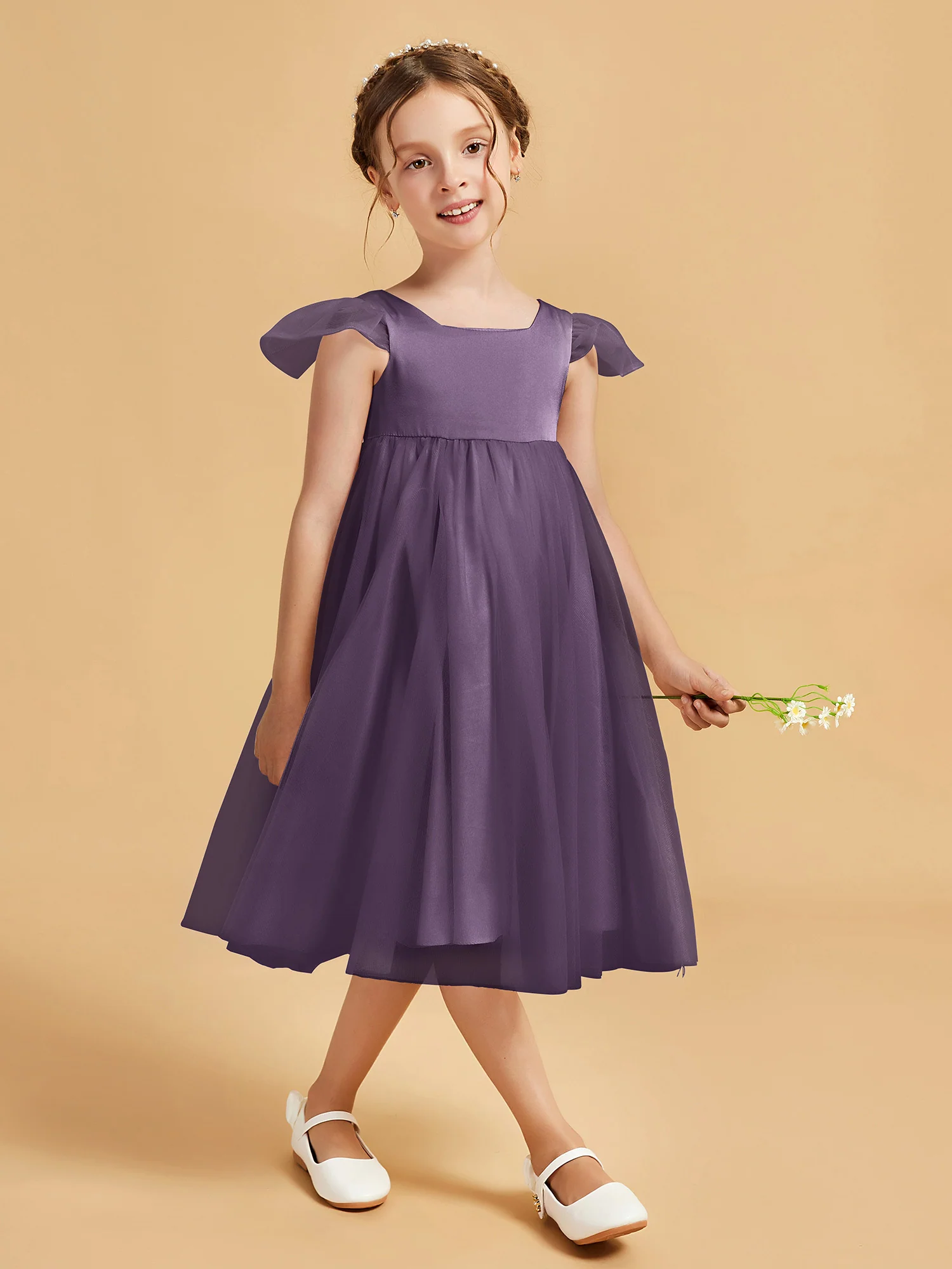 Square Neck Girl's Dress With Flutter Sleeves Plum