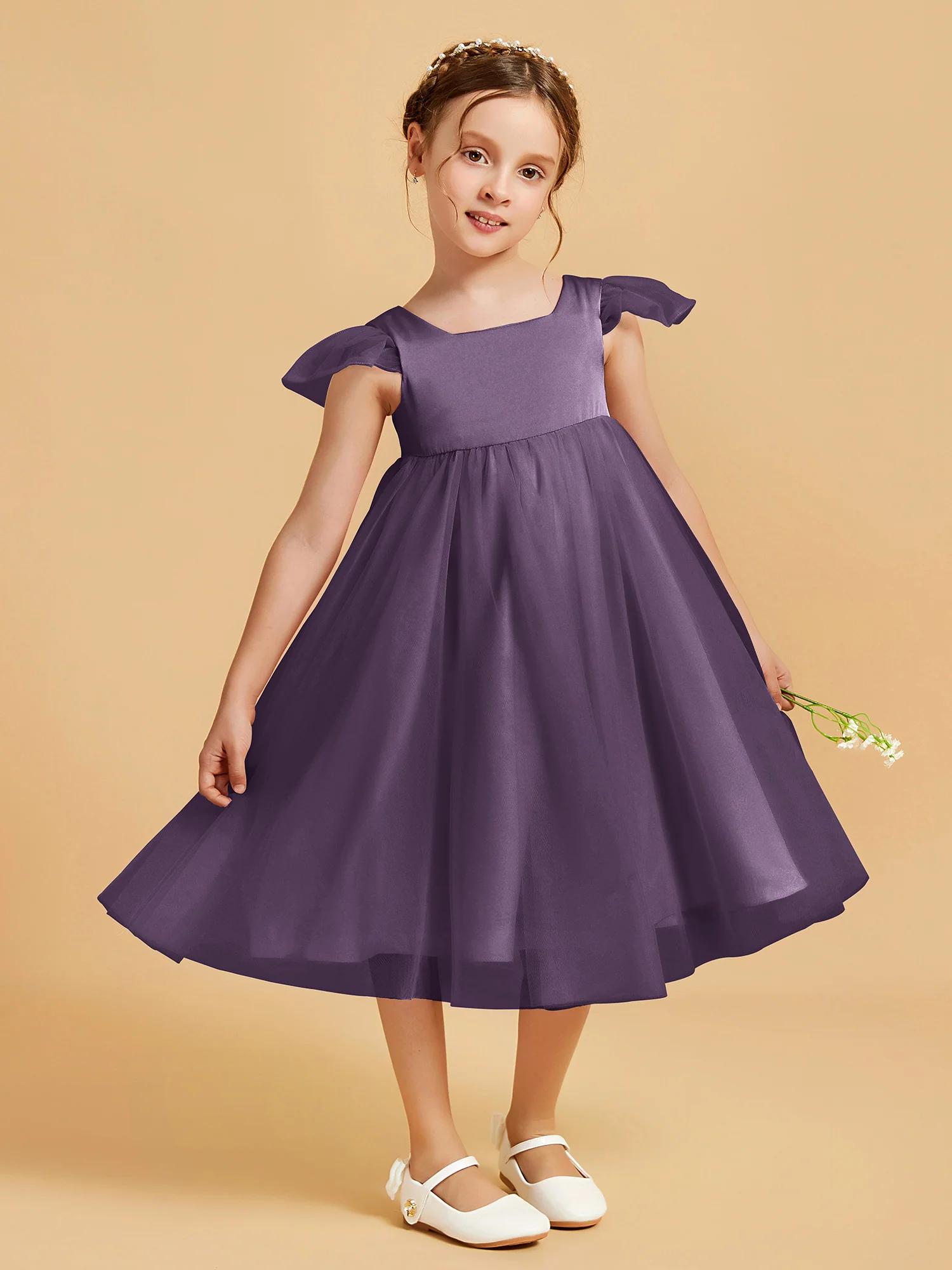 Square Neck Girl's Dress With Flutter Sleeves Plum - Image 3
