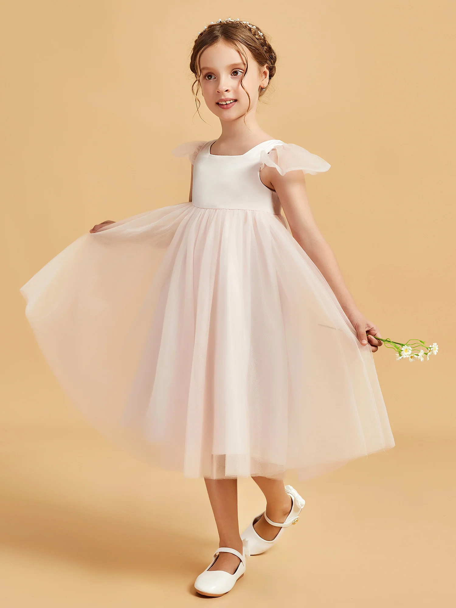 Square Neck Girl's Dress With Flutter Sleeves Rose Petal - Image 6