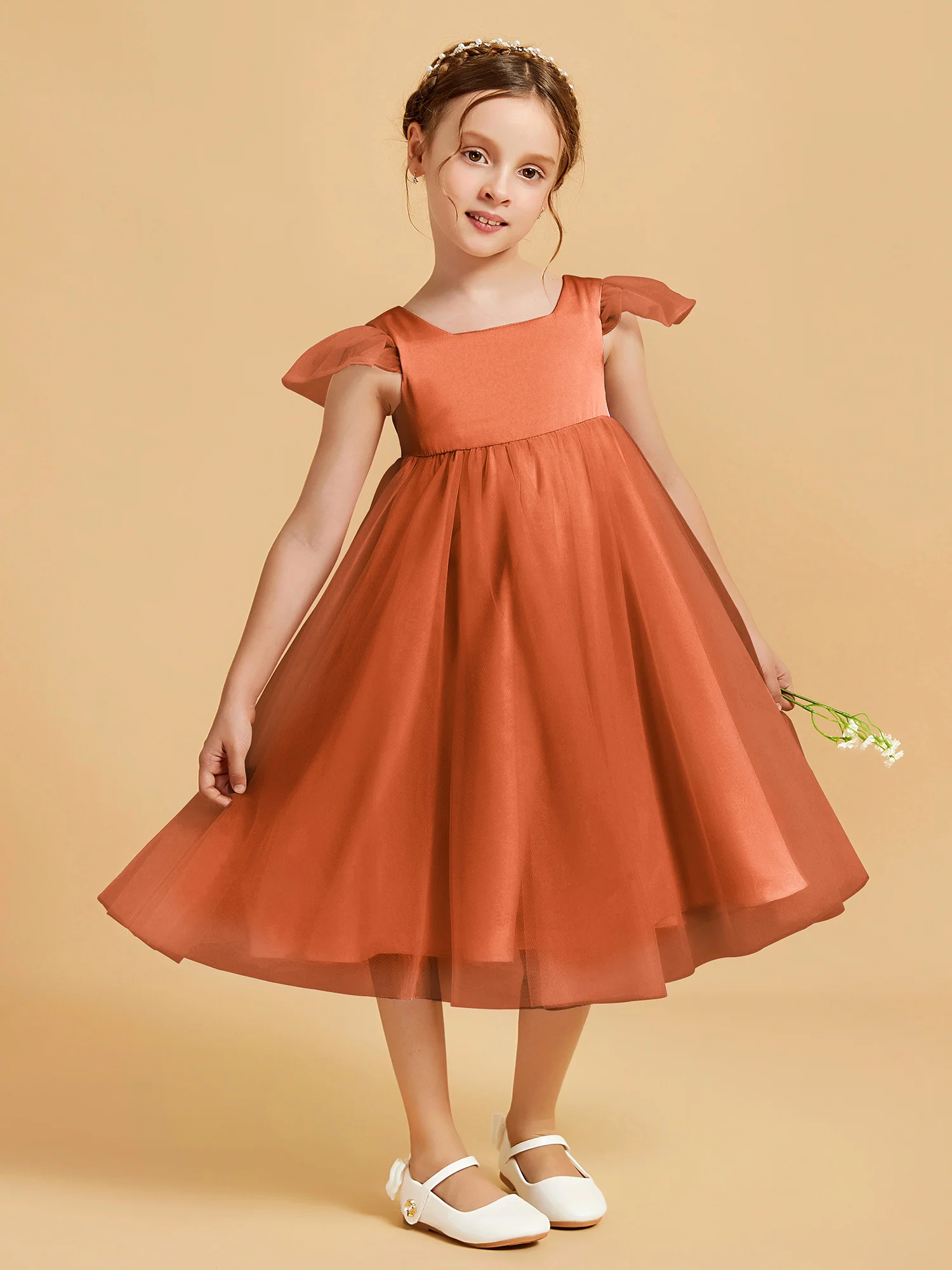 Square Neck Girl's Dress With Flutter Sleeves Rust - Image 3