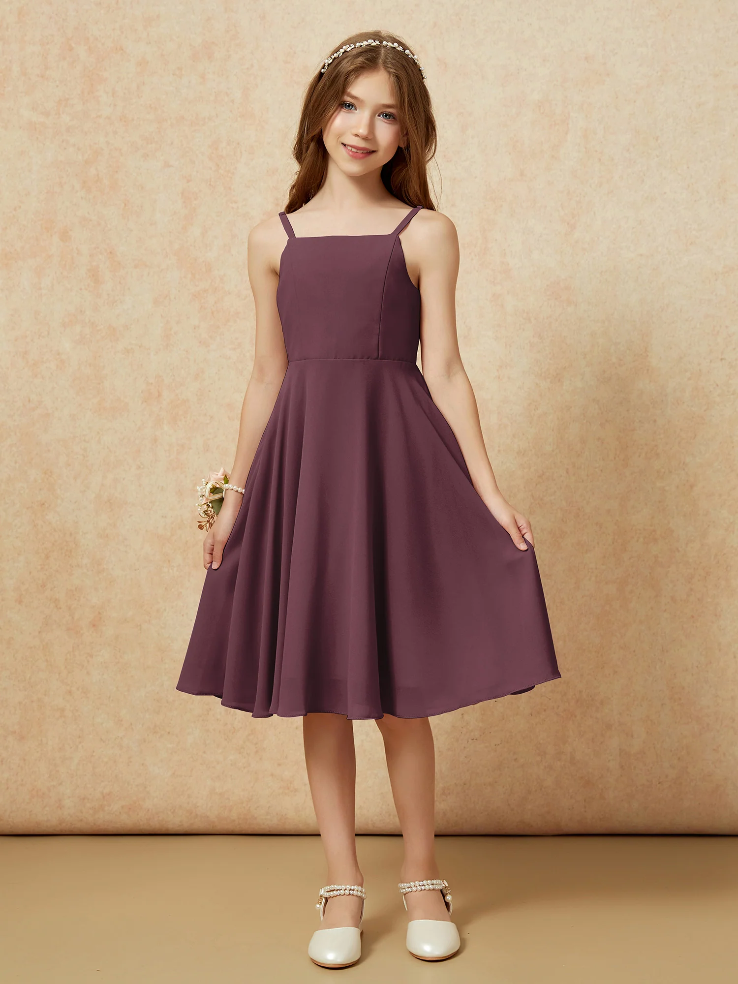 Square Neck Knee-length Junior Bridesmaid Dresses Cabernet - Image 3
