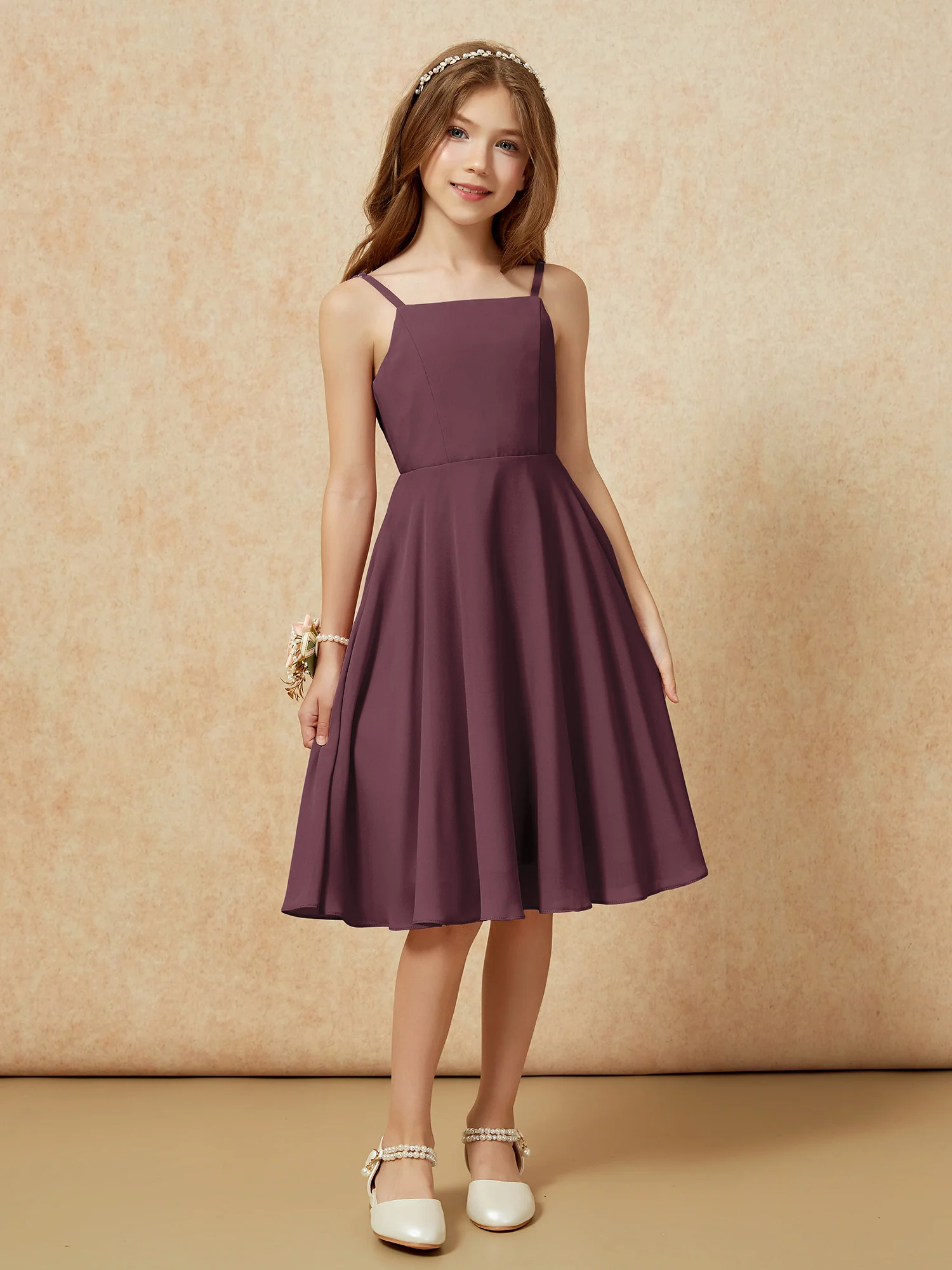 Square Neck Knee-length Junior Bridesmaid Dresses Cabernet - Image 6