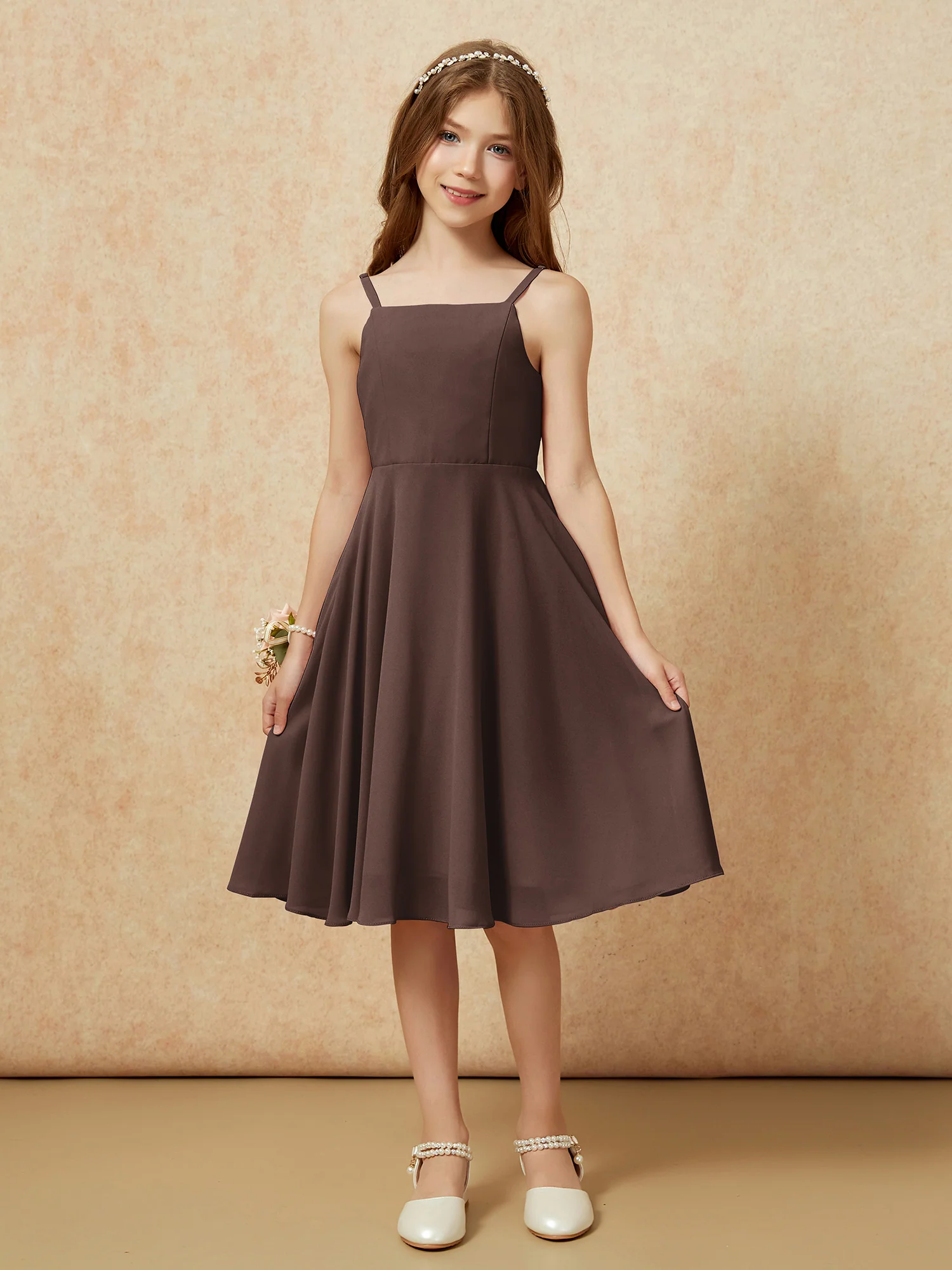 Square Neck Knee-length Junior Bridesmaid Dresses Chocolate - Image 3