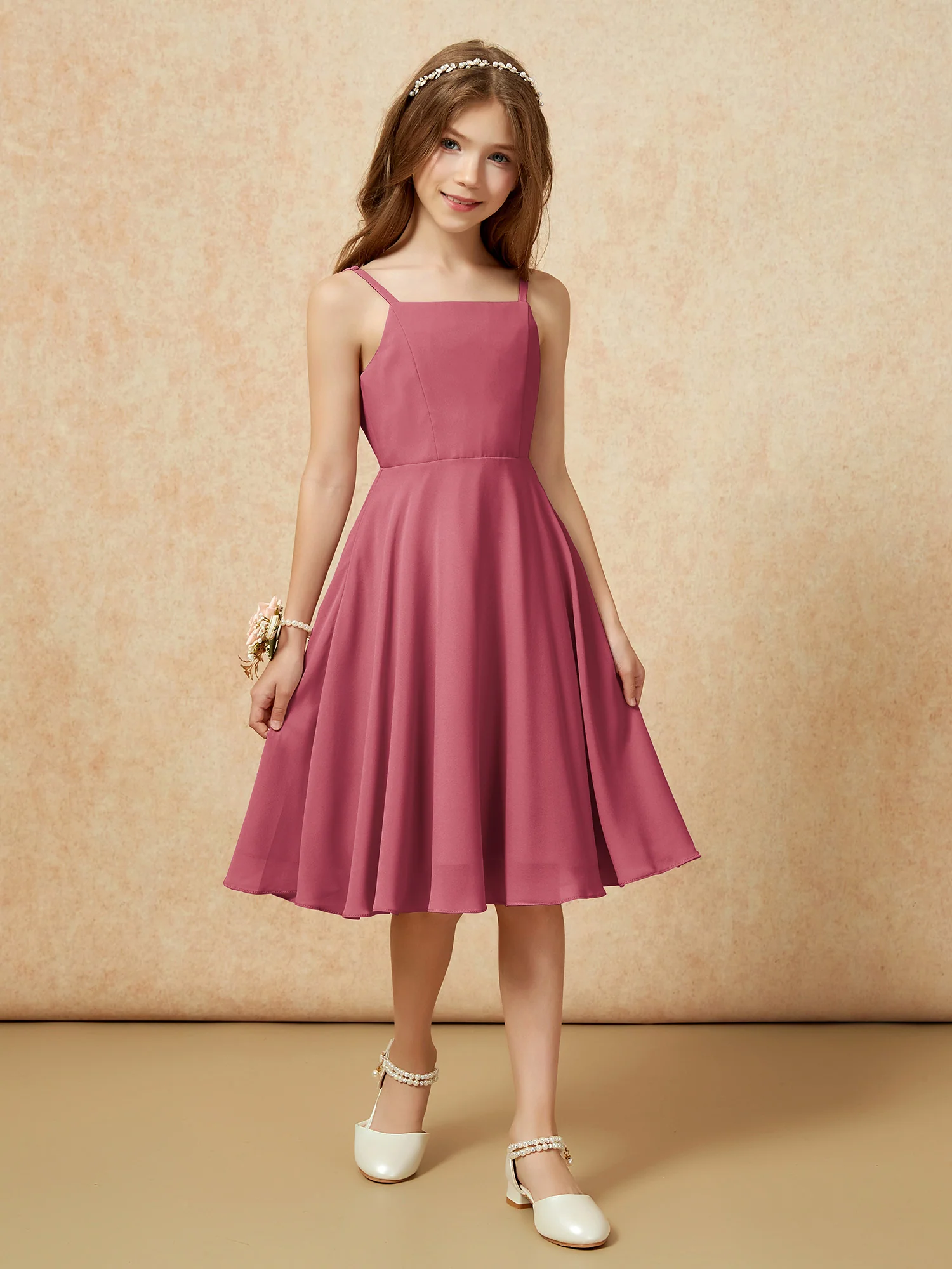 Square Neck Knee-length Junior Bridesmaid Dresses Cinnamon Rose