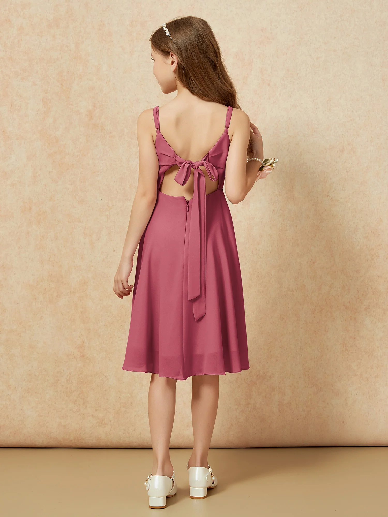 Square Neck Knee-length Junior Bridesmaid Dresses Cinnamon Rose - Image 2