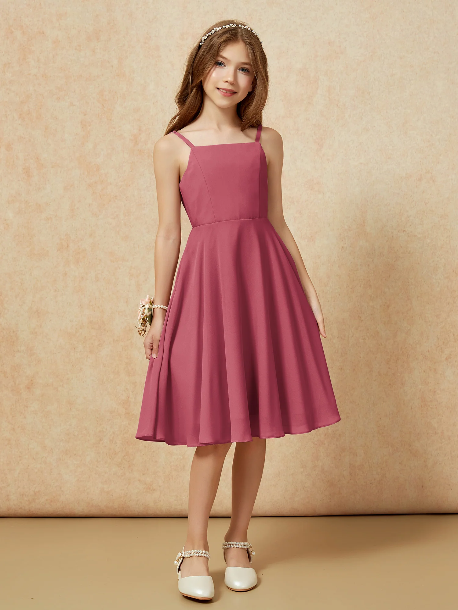 Square Neck Knee-length Junior Bridesmaid Dresses Cinnamon Rose - Image 6