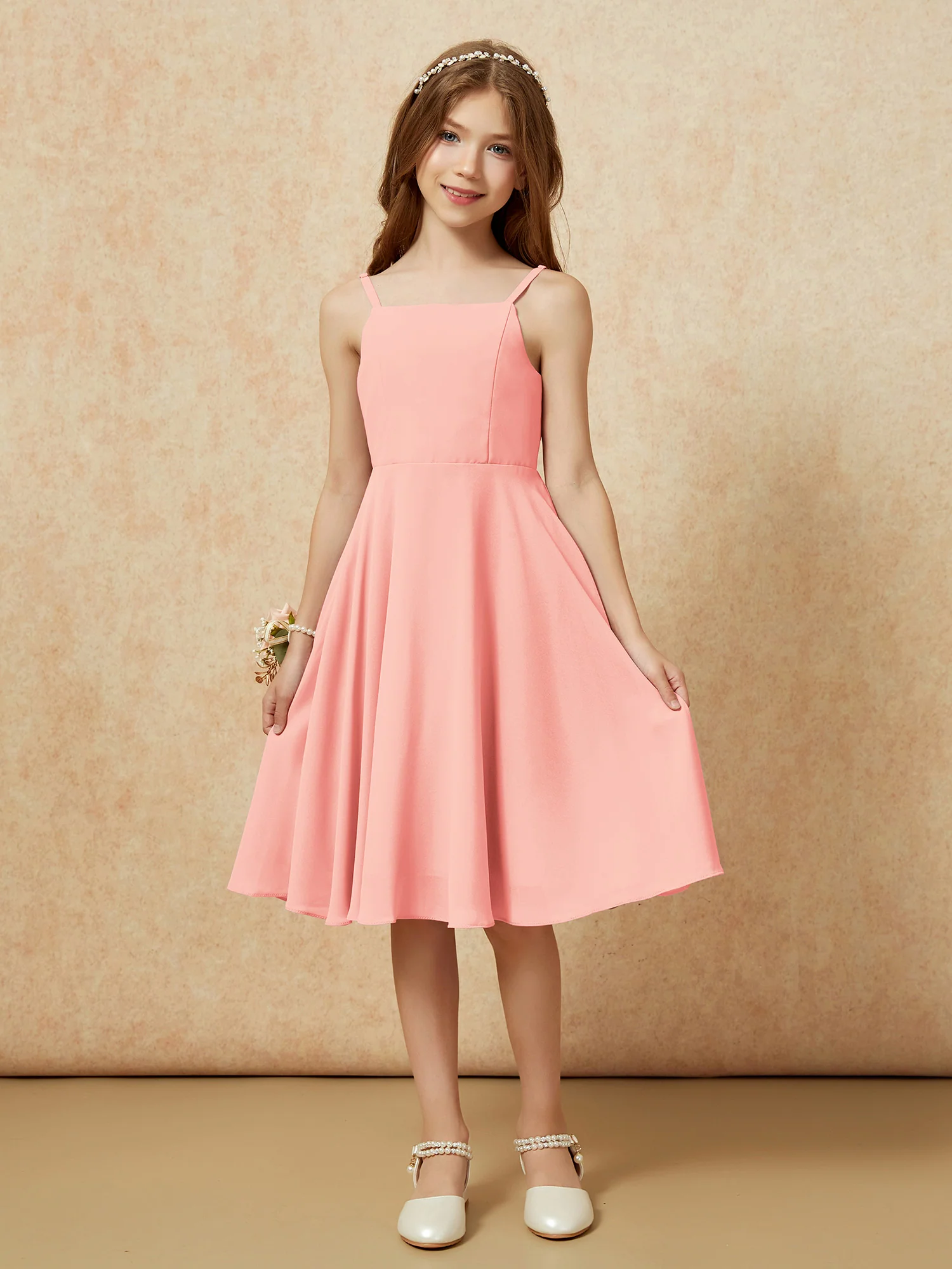 Square Neck Knee-length Junior Bridesmaid Dresses Coral - Image 3