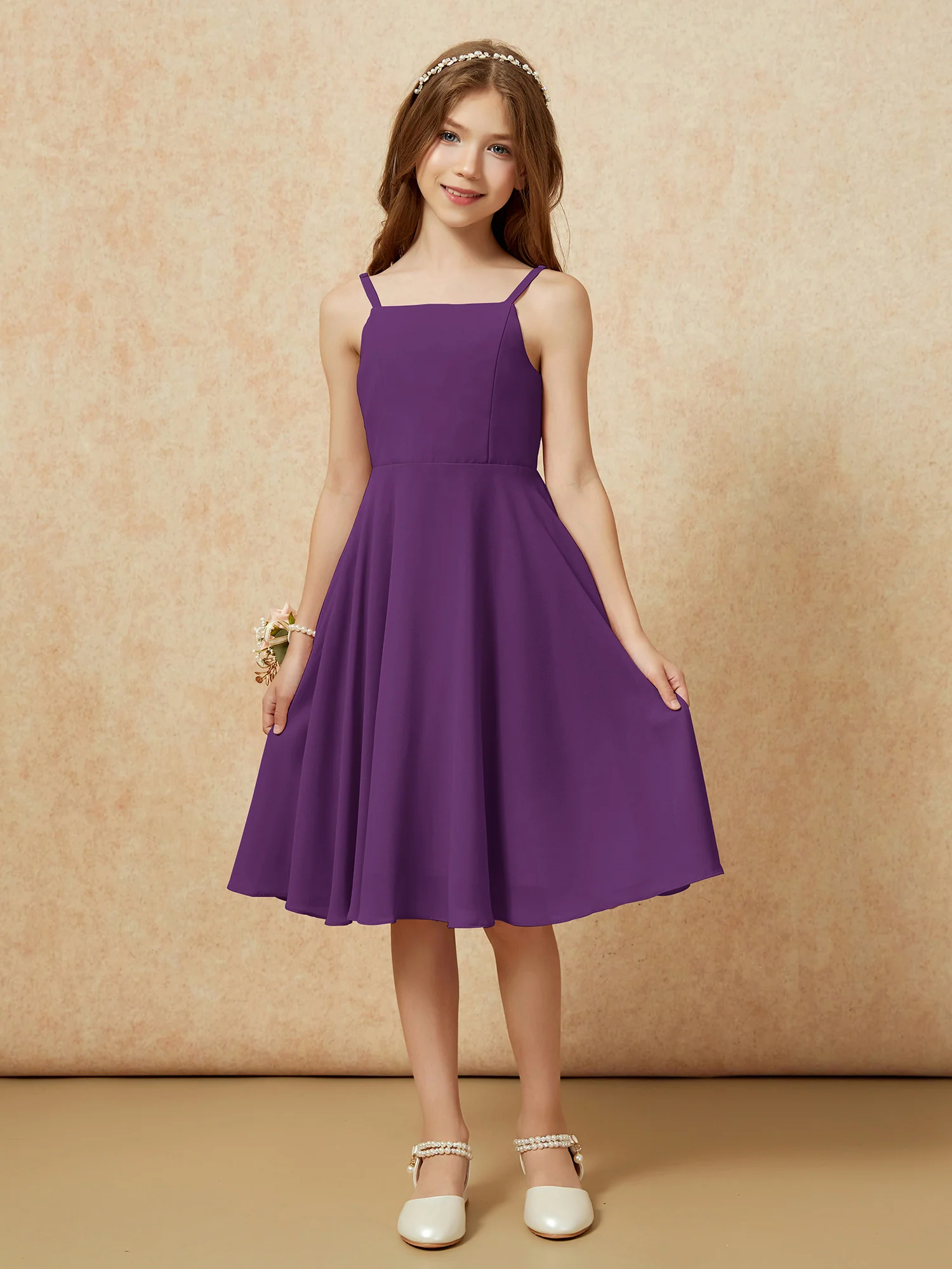 Square Neck Knee-length Junior Bridesmaid Dresses Grape - Image 3