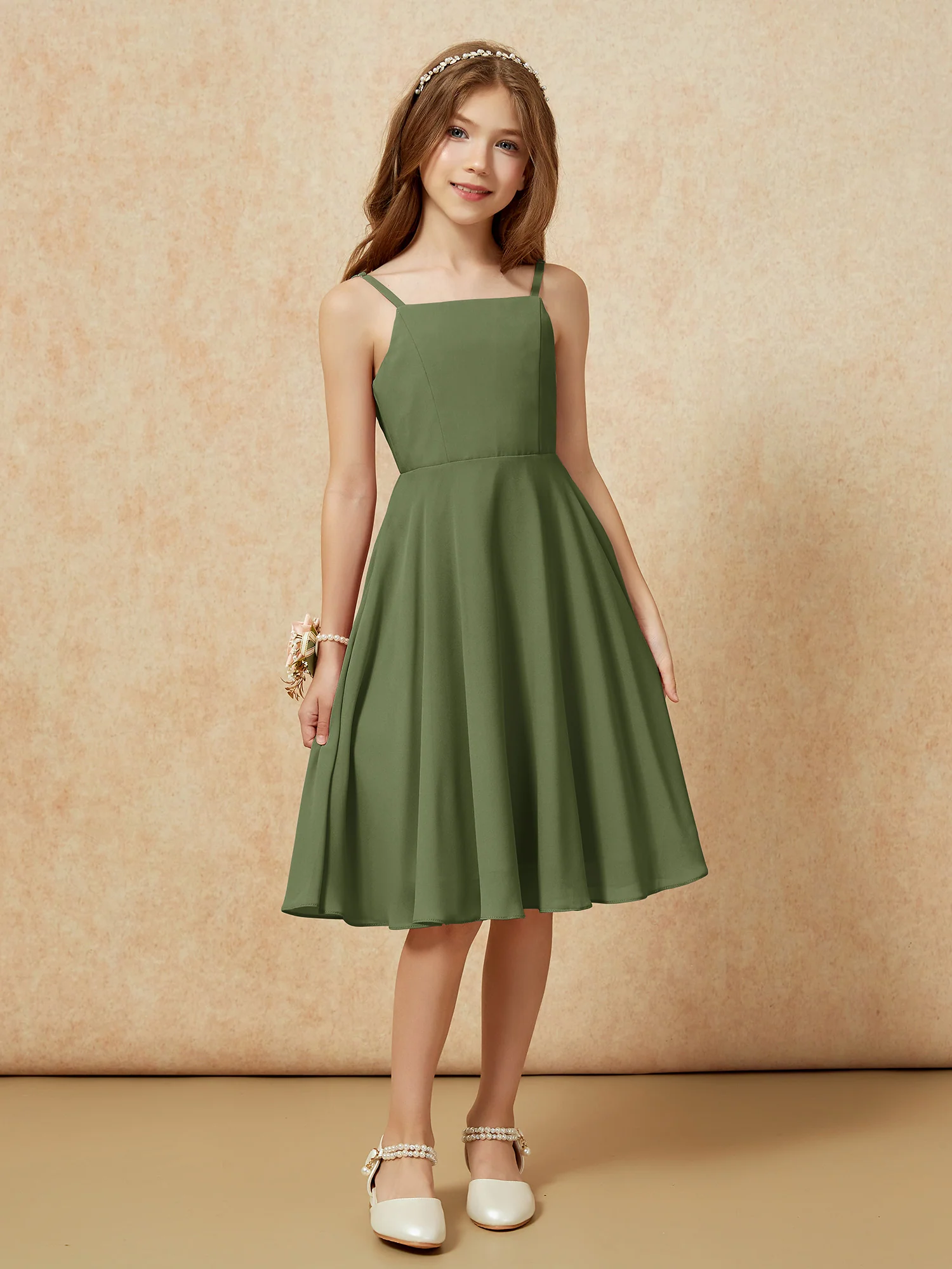 Square Neck Knee-length Junior Bridesmaid Dresses Olive Green - Image 6