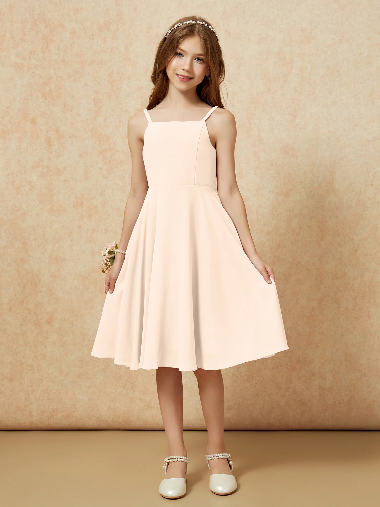 Square Neck Knee-length Junior Bridesmaid Dresses Peach - Image 3
