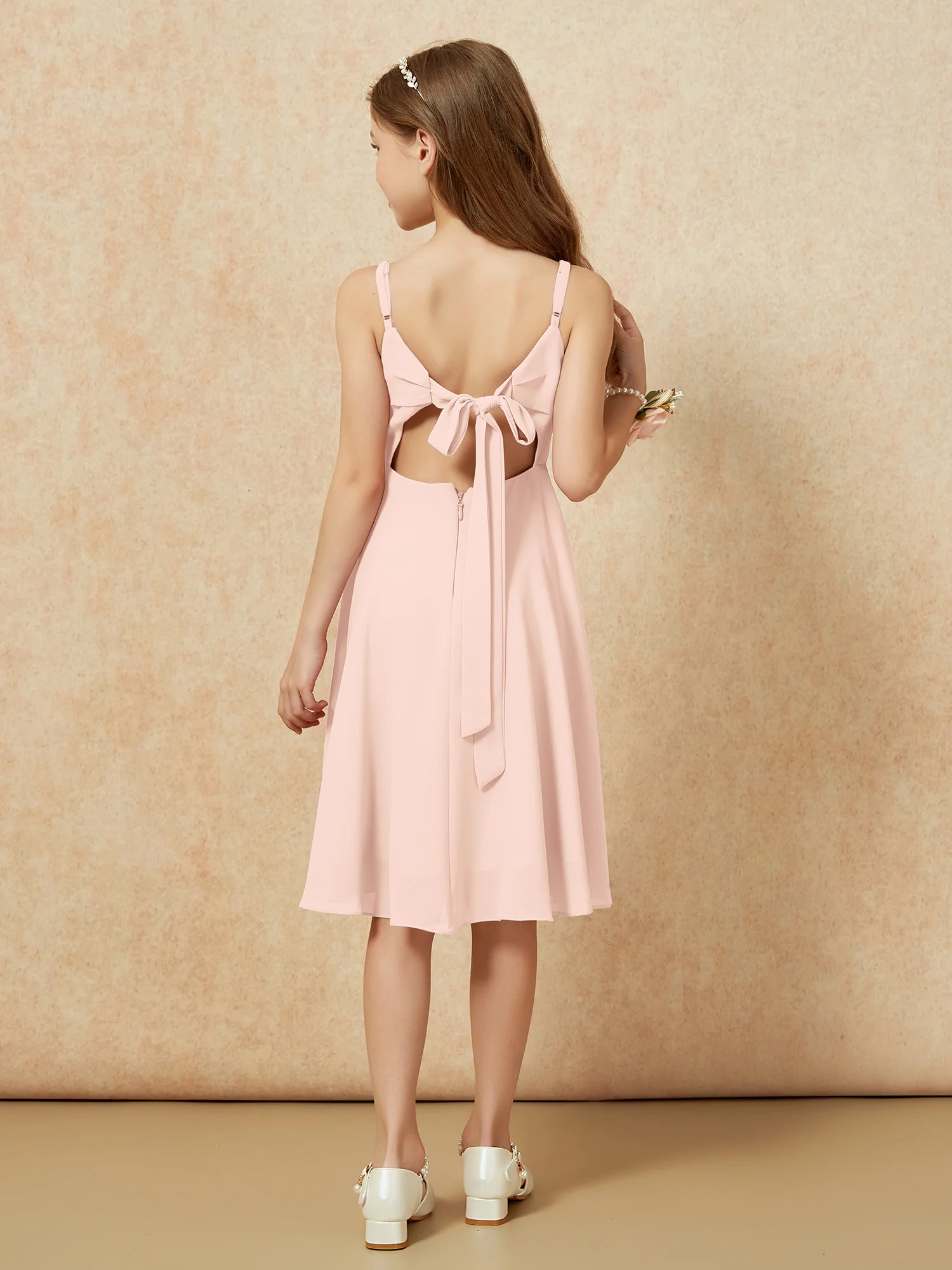 Square Neck Knee-length Junior Bridesmaid Dresses Pearl Pink - Image 2