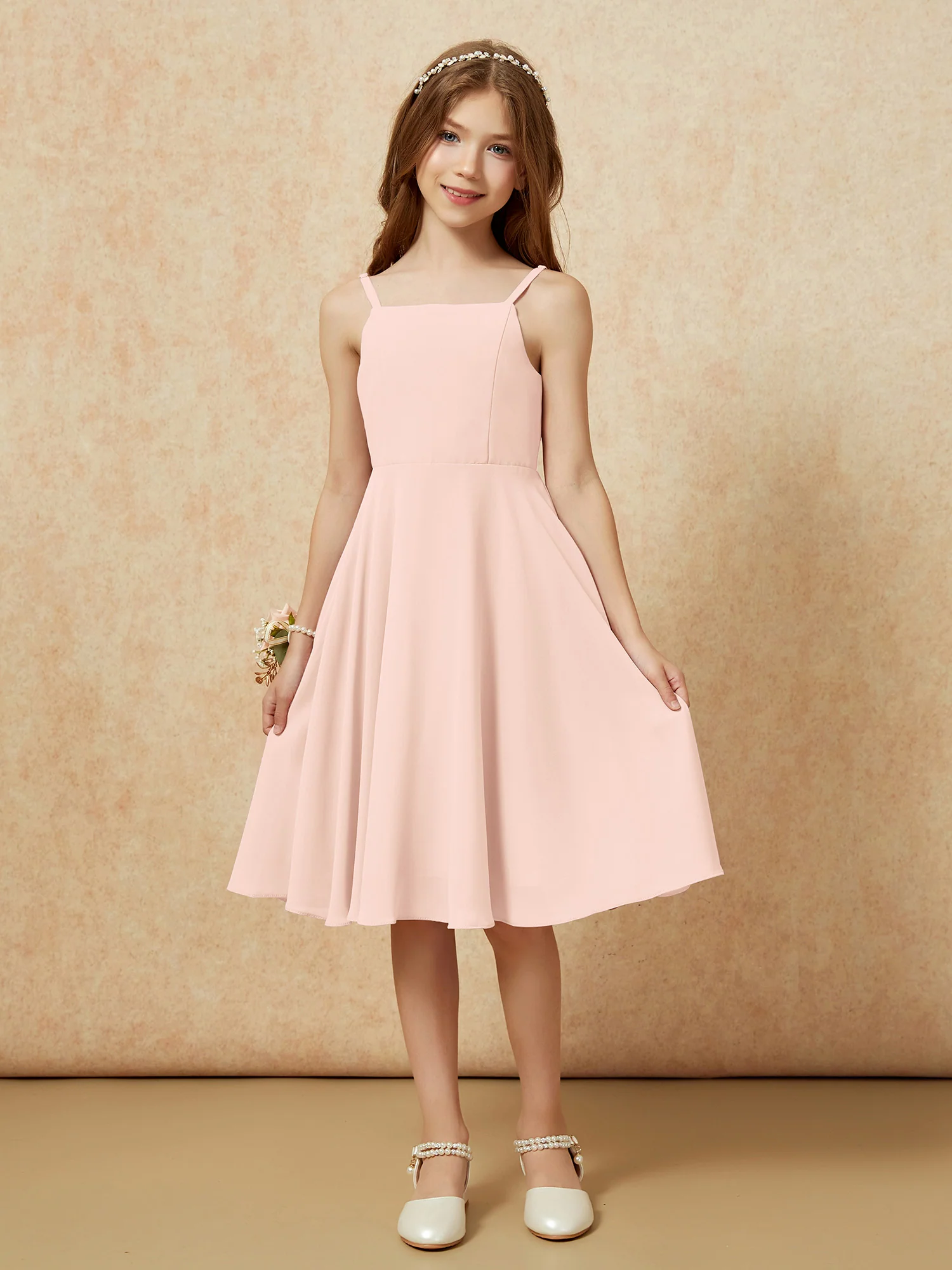 Square Neck Knee-length Junior Bridesmaid Dresses Pearl Pink - Image 3