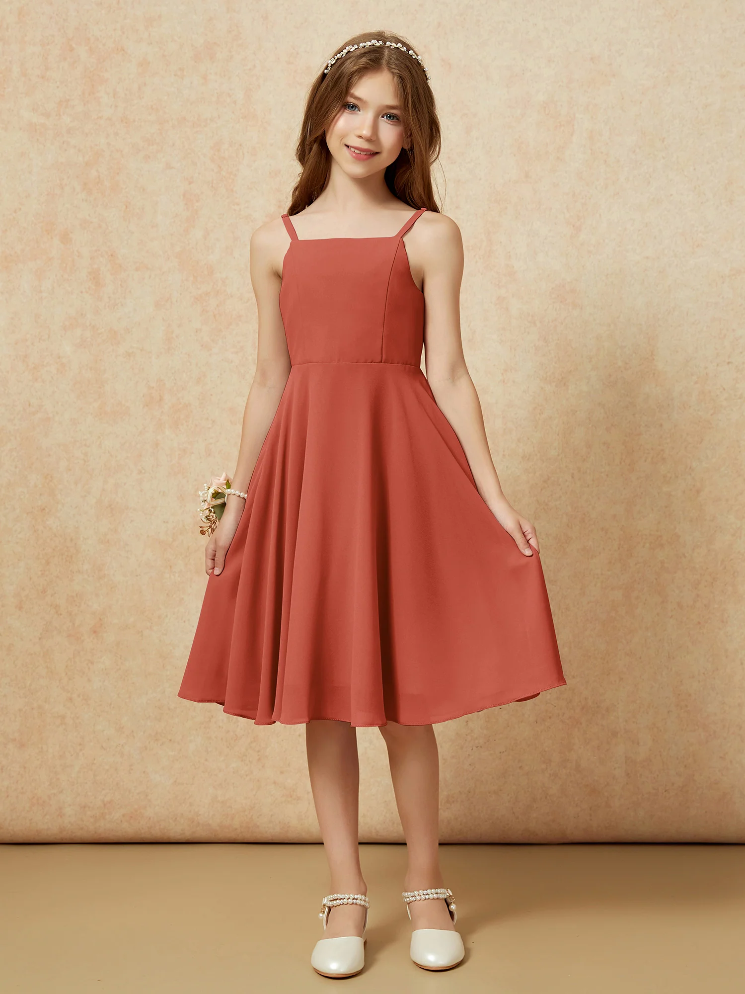Square Neck Knee-length Junior Bridesmaid Dresses Rust - Image 3