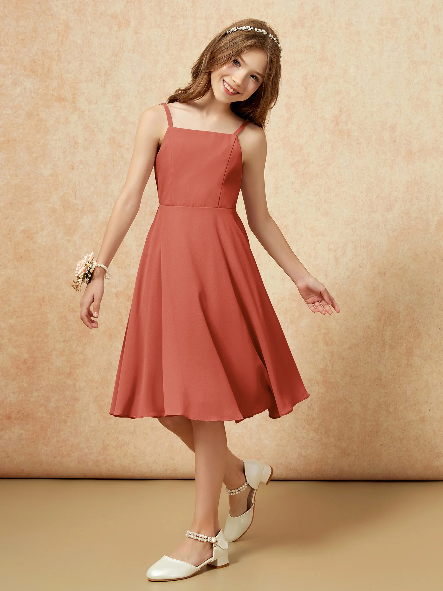 Square Neck Knee-length Junior Bridesmaid Dresses Rust - Image 4
