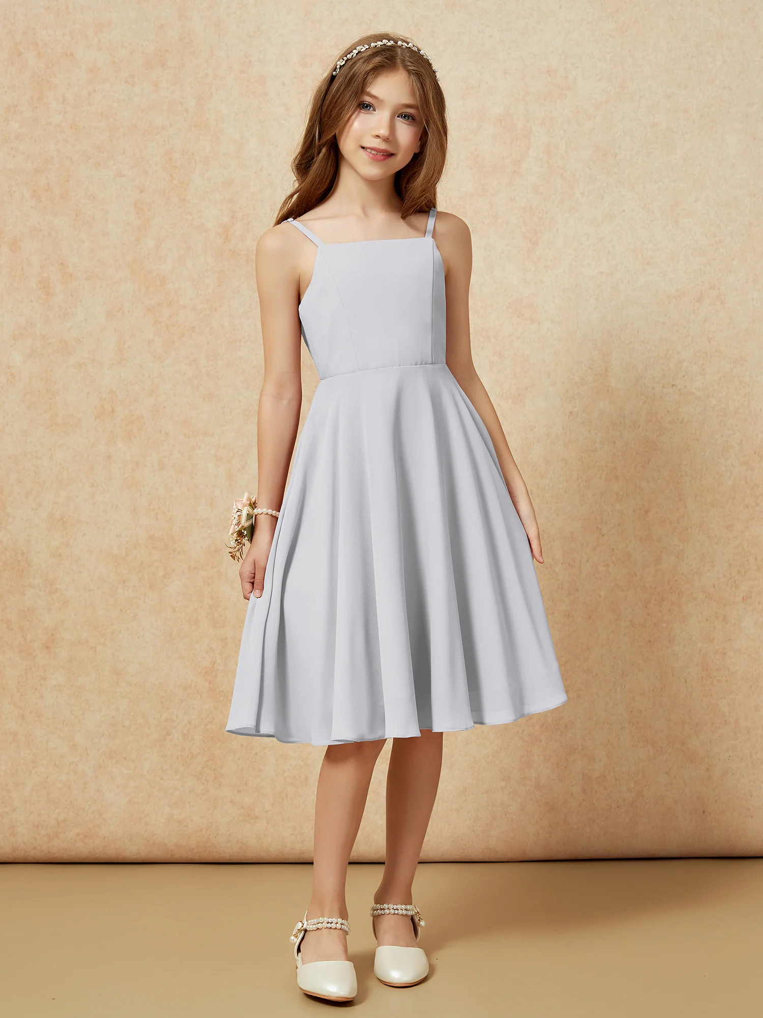 Square Neck Knee-length Junior Bridesmaid Dresses Silver - Image 6