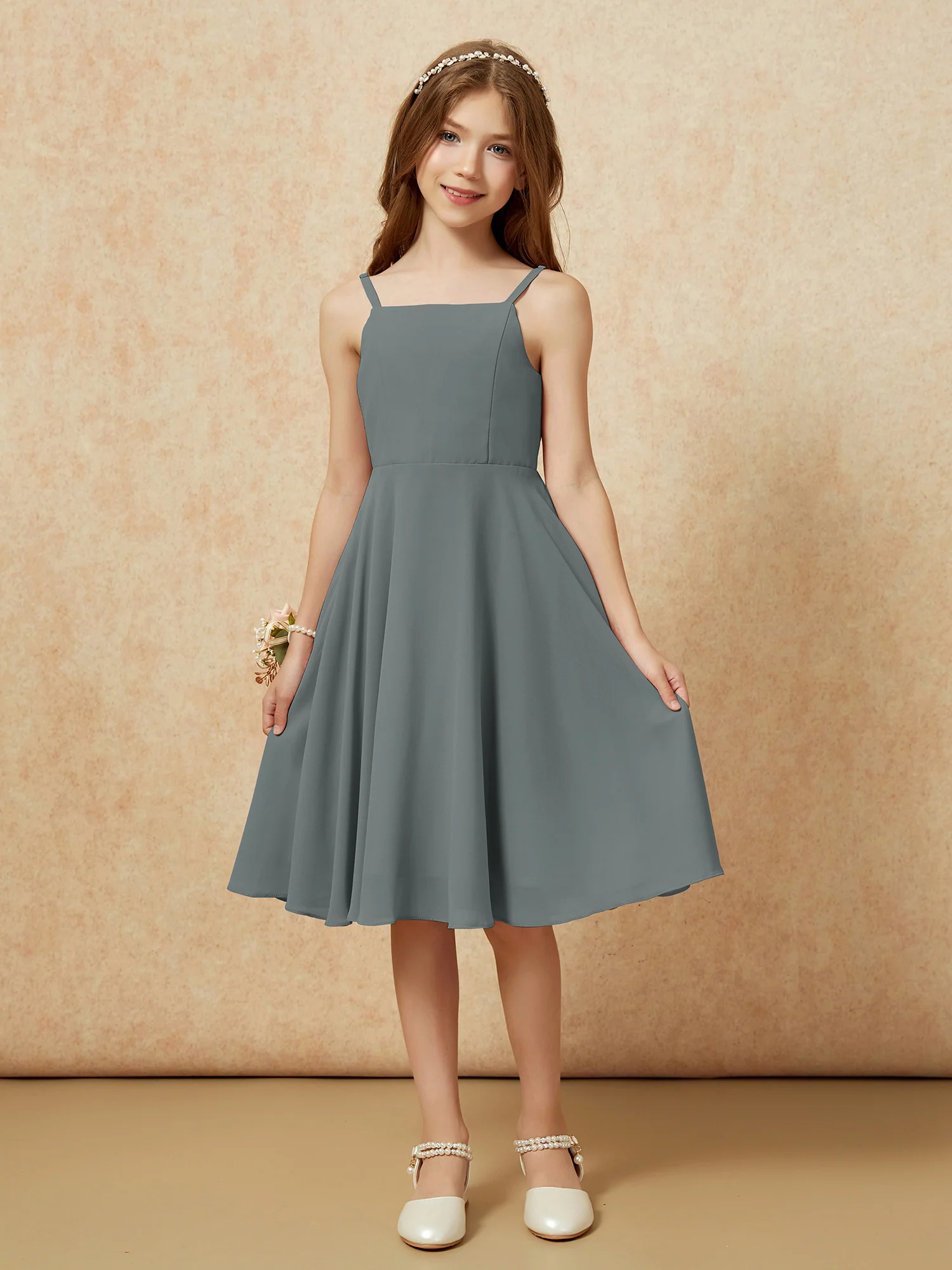 Square Neck Knee-length Junior Bridesmaid Dresses Steel Grey - Image 3