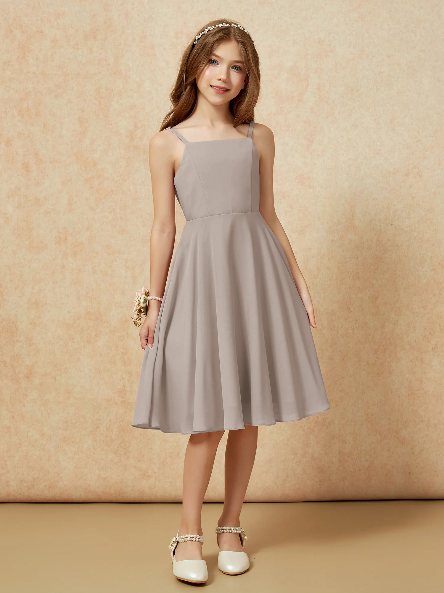 Square Neck Knee-length Junior Bridesmaid Dresses Taupe - Image 6