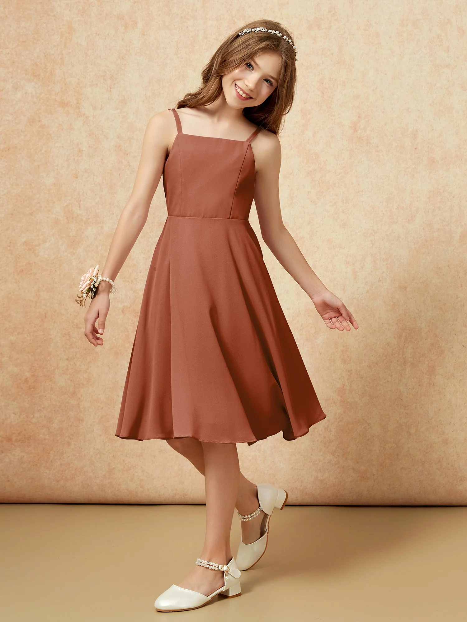 Square Neck Knee-length Junior Bridesmaid Dresses Terracotta - Image 4