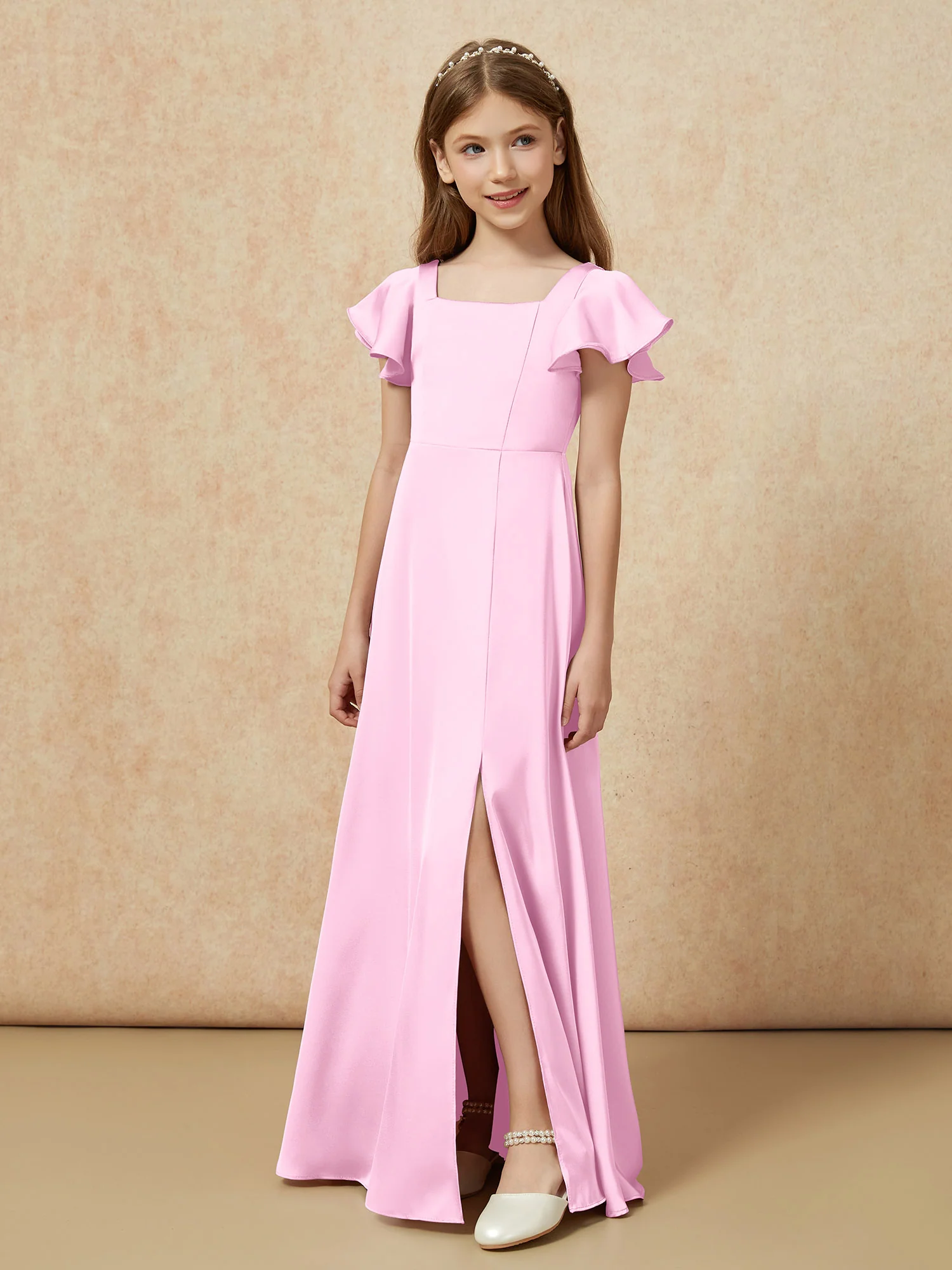 Square Neck Long Satin Junior Bridesmaid Dress Candy Pink - Image 5