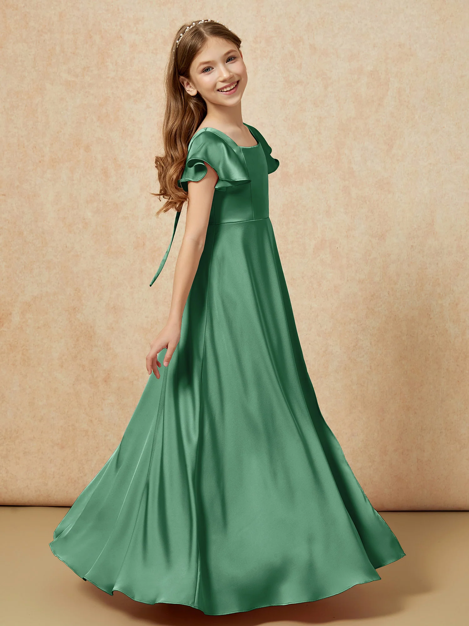 Square Neck Long Satin Junior Bridesmaid Dress Dark Green - Image 3