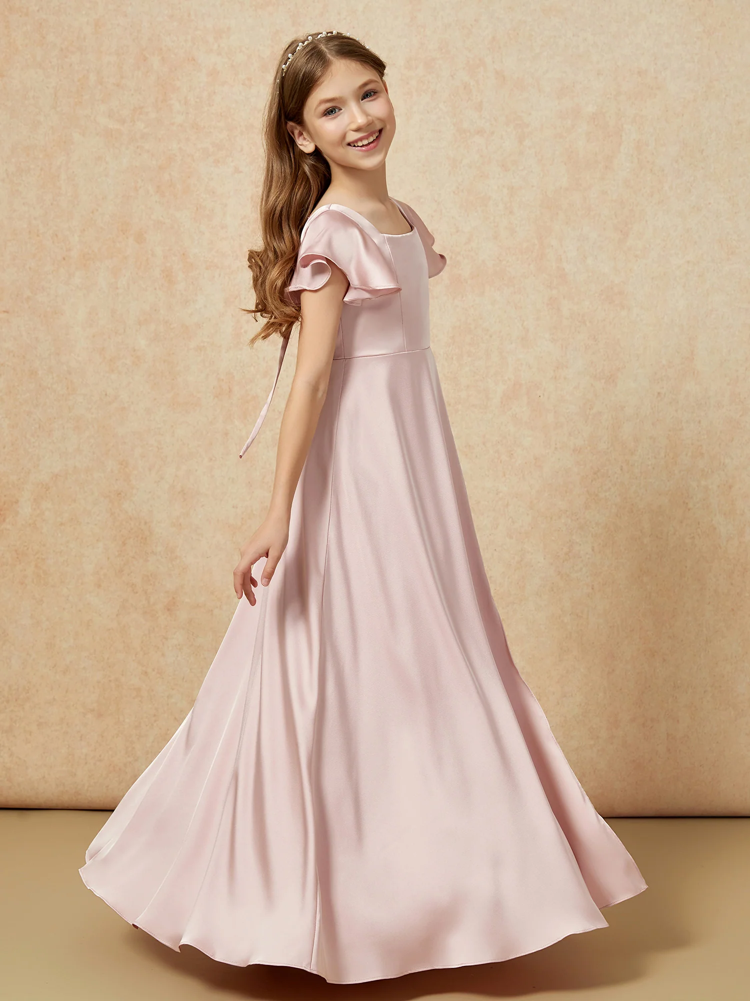 Square Neck Long Satin Junior Bridesmaid Dress Dusty Rose - Image 3