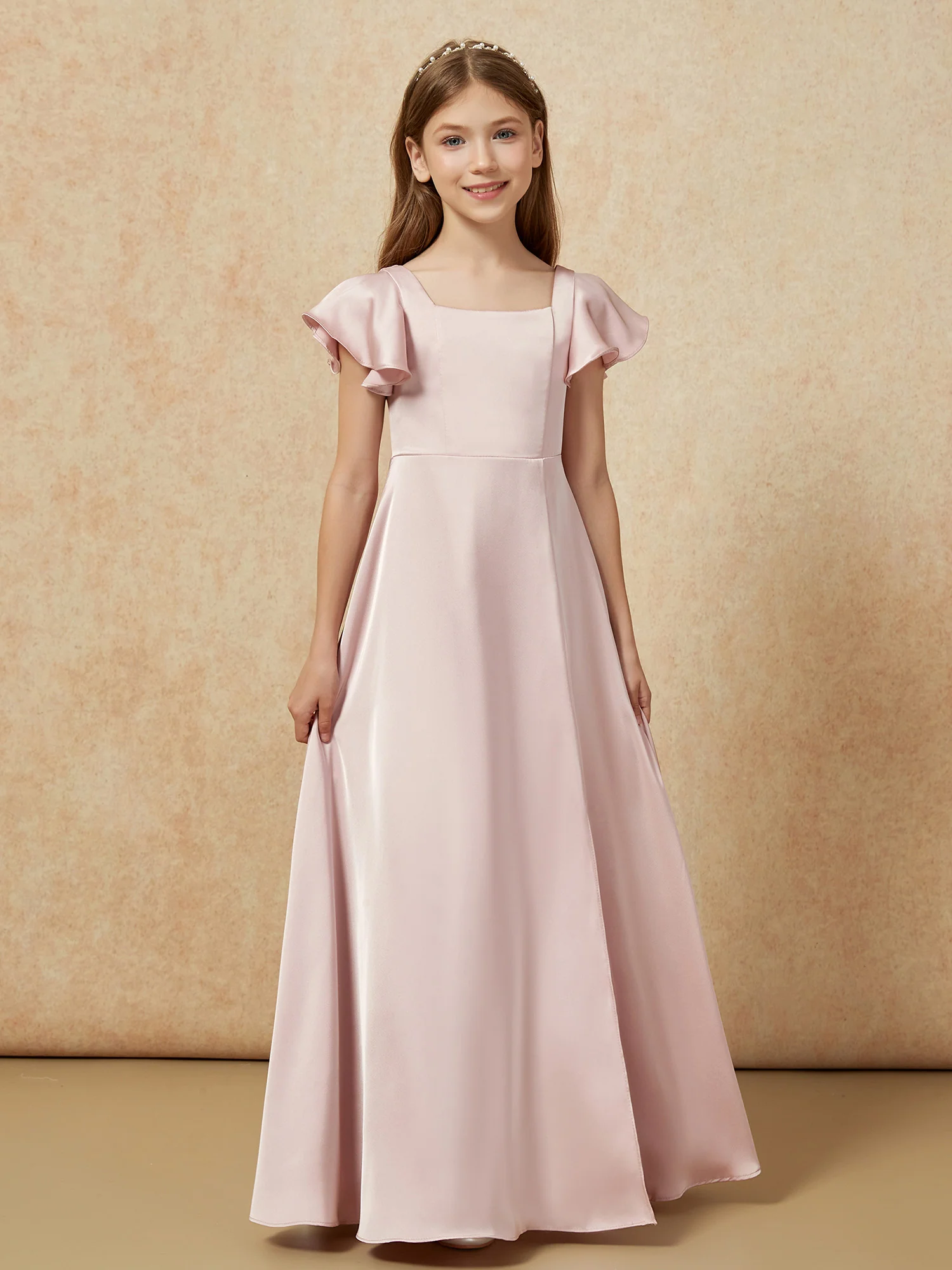 Square Neck Long Satin Junior Bridesmaid Dress Dusty Rose - Image 4