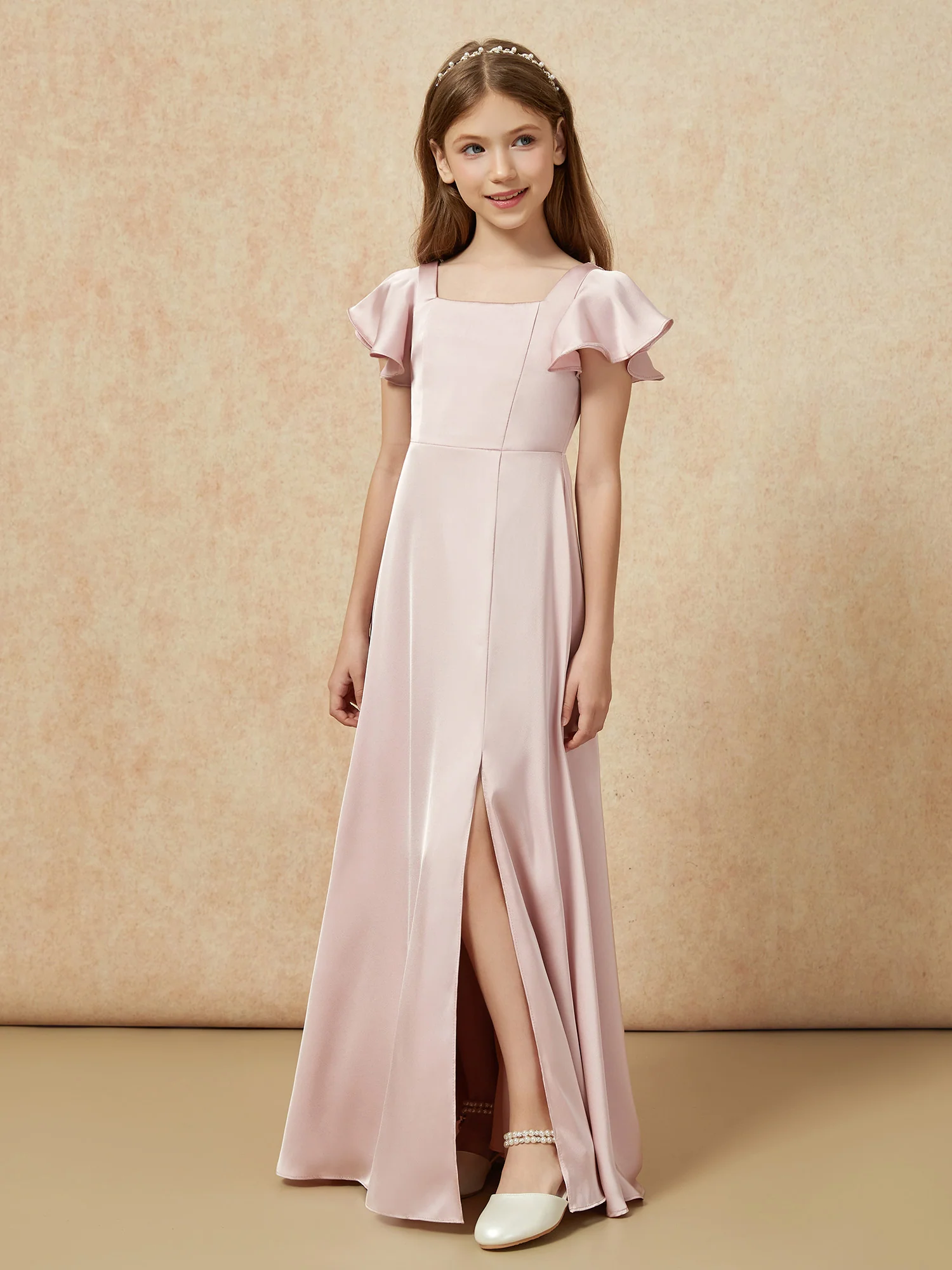 Square Neck Long Satin Junior Bridesmaid Dress Dusty Rose - Image 5