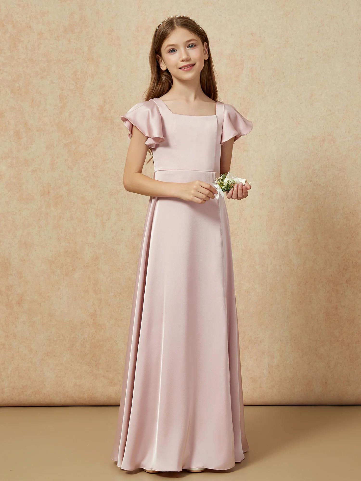 Square Neck Long Satin Junior Bridesmaid Dress Dusty Rose - Image 6