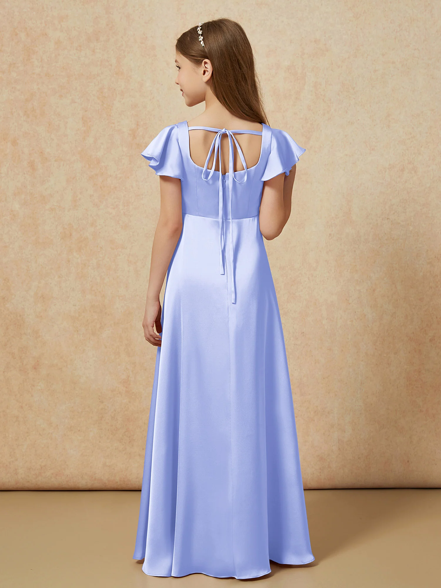 Square Neck Long Satin Junior Bridesmaid Dress Lavender - Image 2