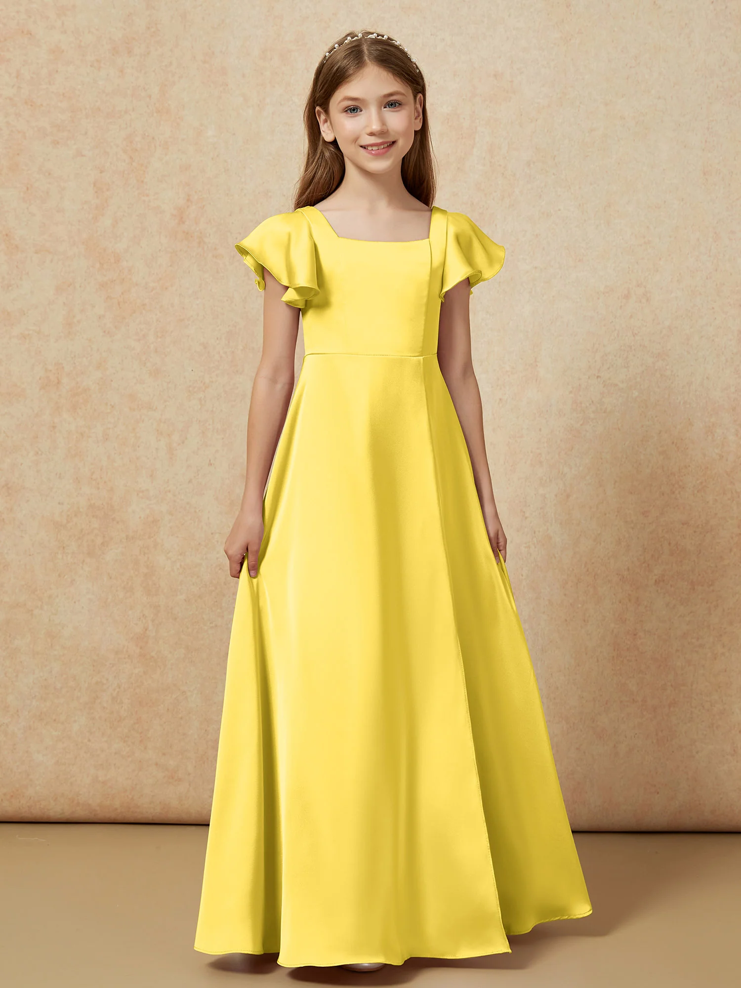 Square Neck Long Satin Junior Bridesmaid Dress Marigold - Image 4