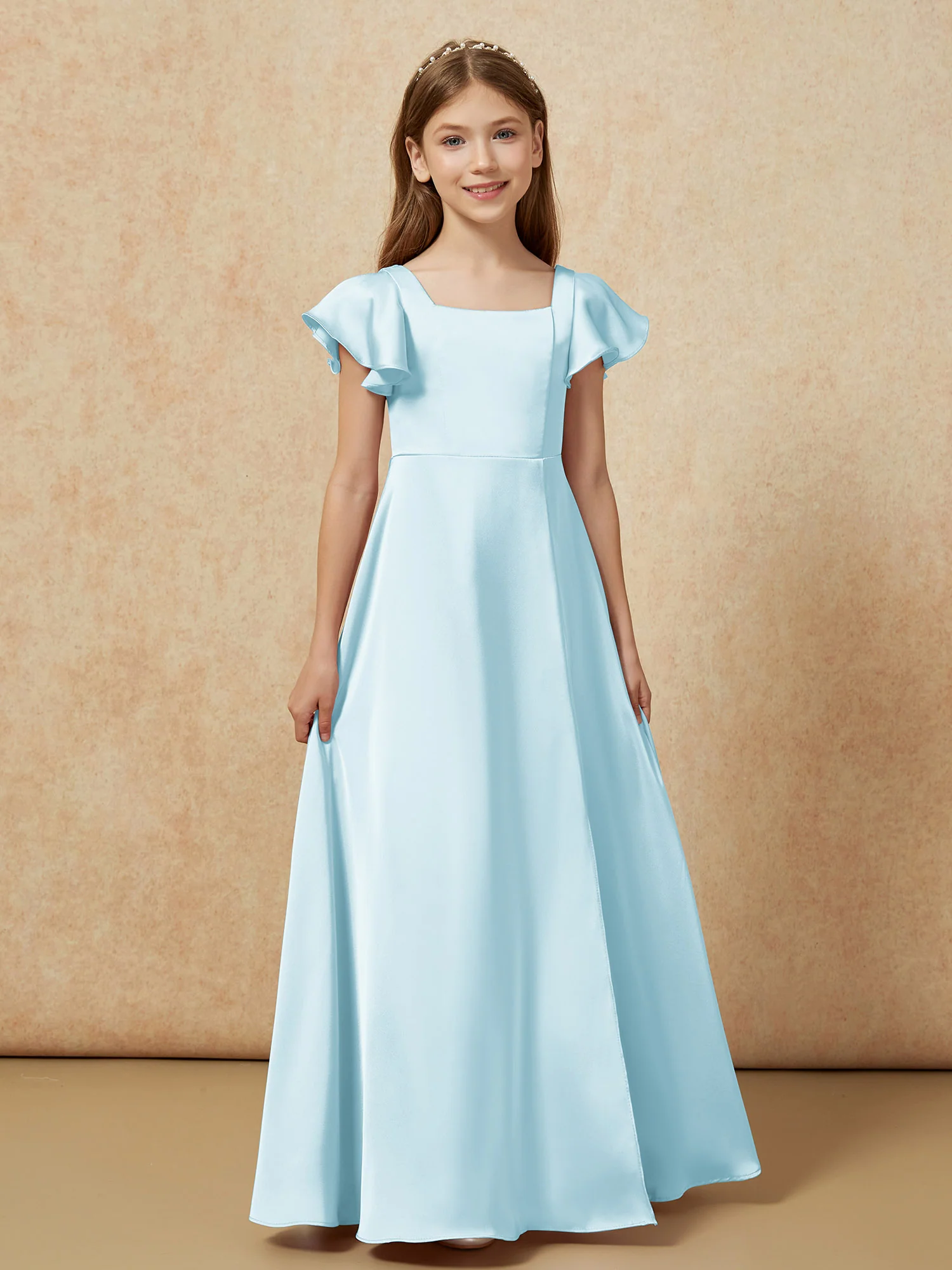 Square Neck Long Satin Junior Bridesmaid Dress Mist - Image 4