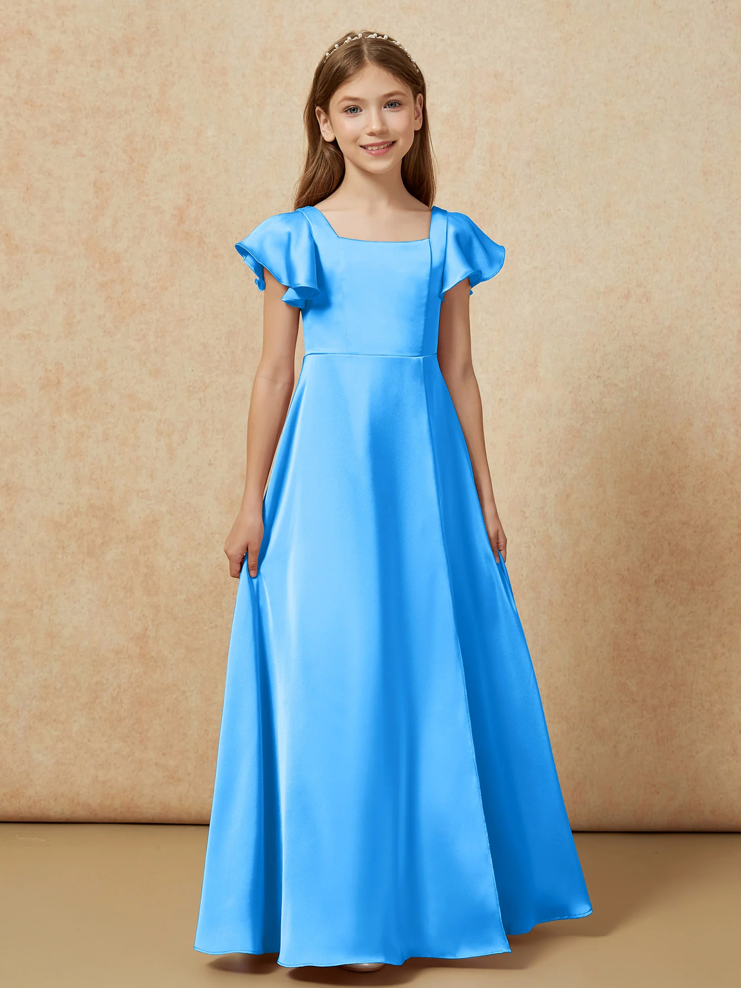 Square Neck Long Satin Junior Bridesmaid Dress Ocean Blue - Image 4