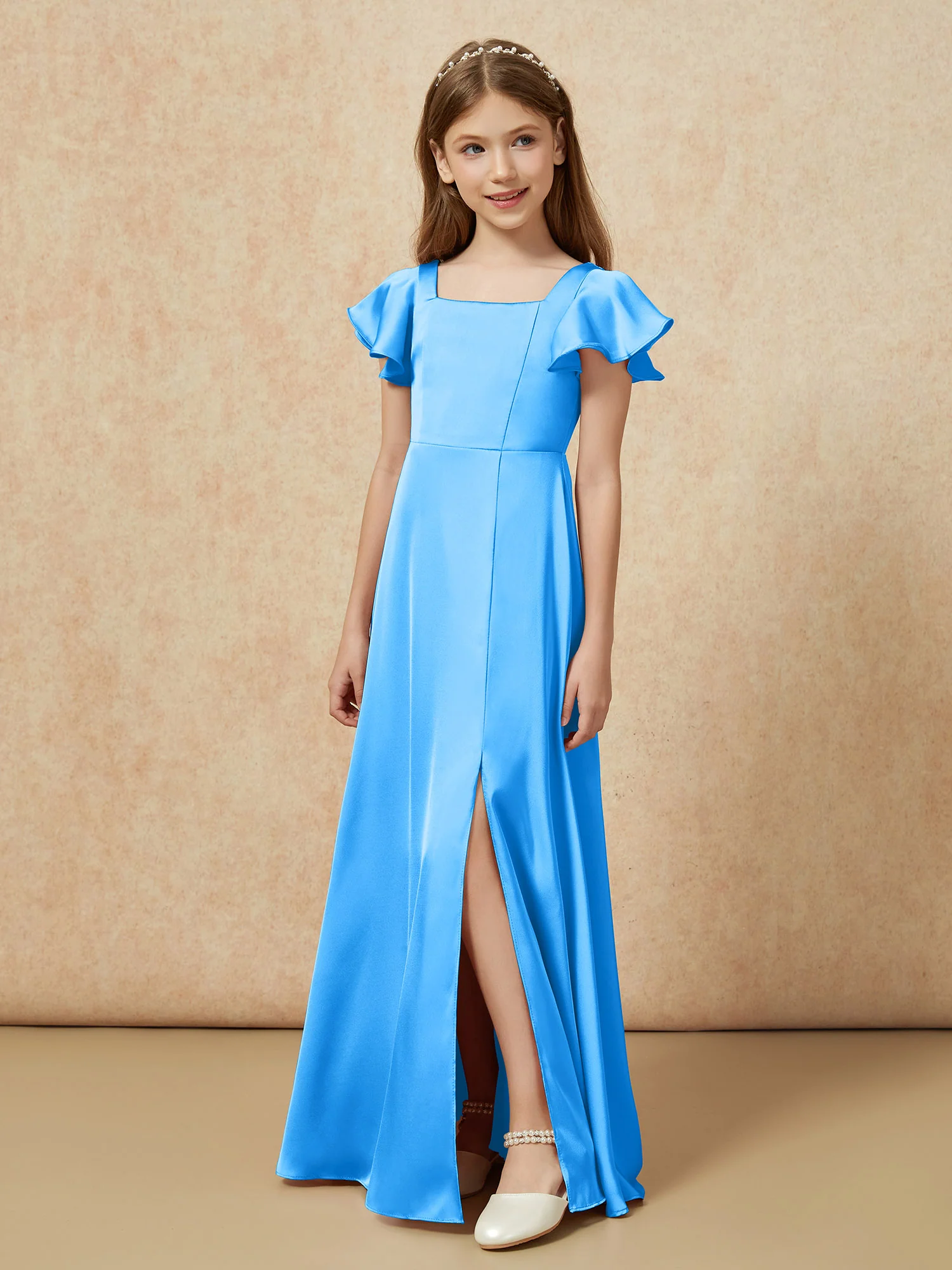 Square Neck Long Satin Junior Bridesmaid Dress Ocean Blue - Image 5