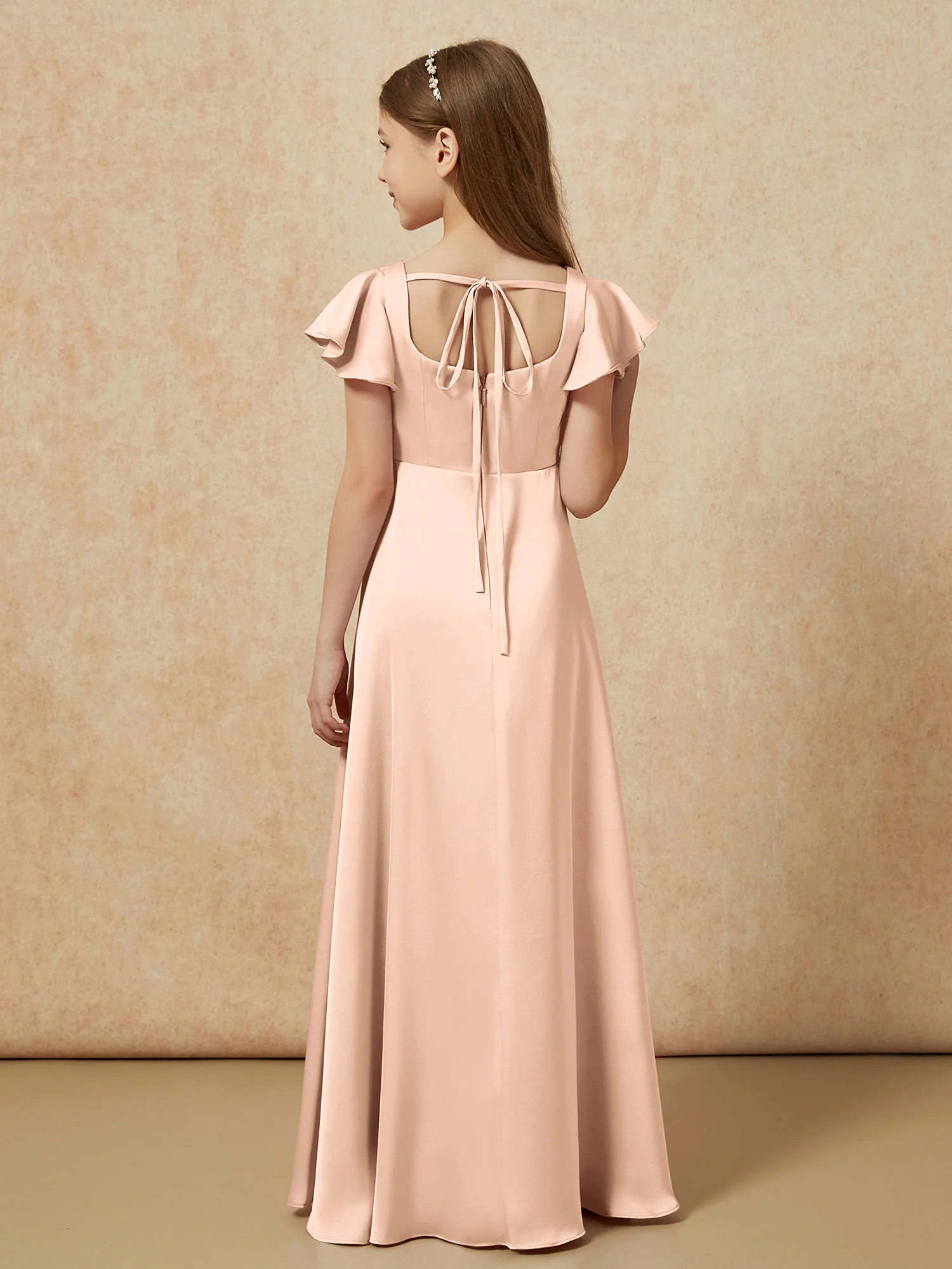 Square Neck Long Satin Junior Bridesmaid Dress Peach - Image 2