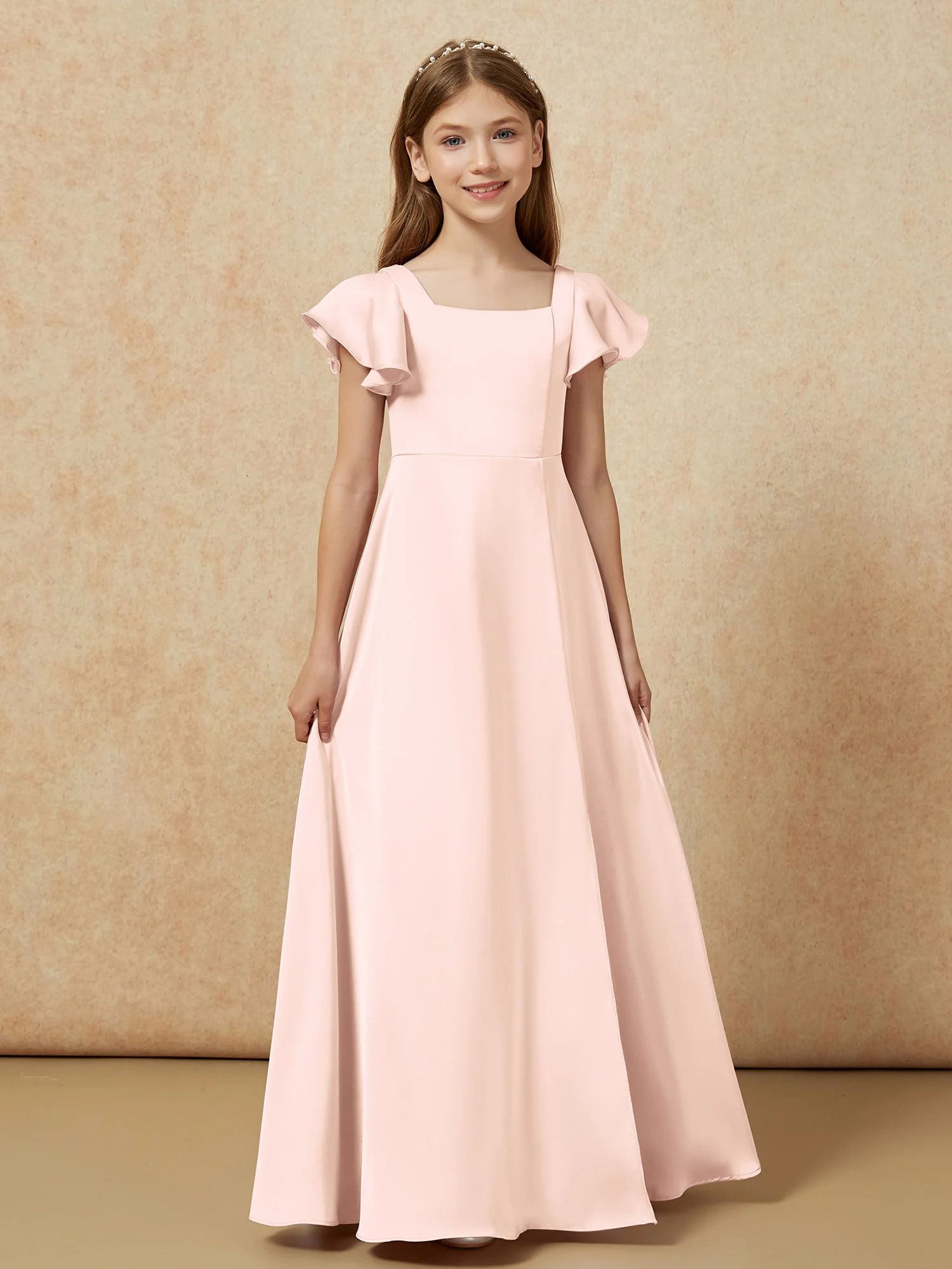 Square Neck Long Satin Junior Bridesmaid Dress Pearl Pink - Image 4