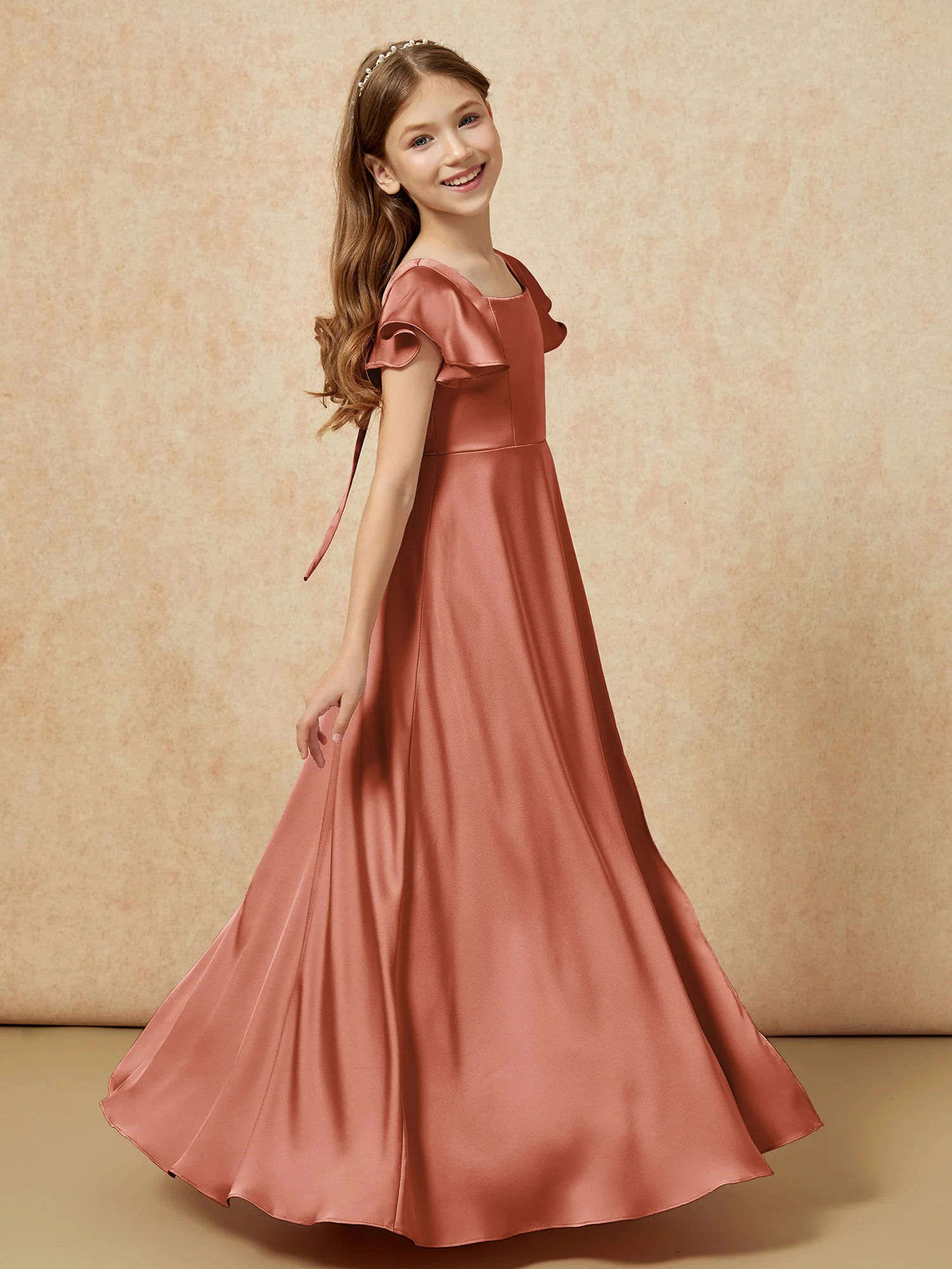 Square Neck Long Satin Junior Bridesmaid Dress Rust - Image 3