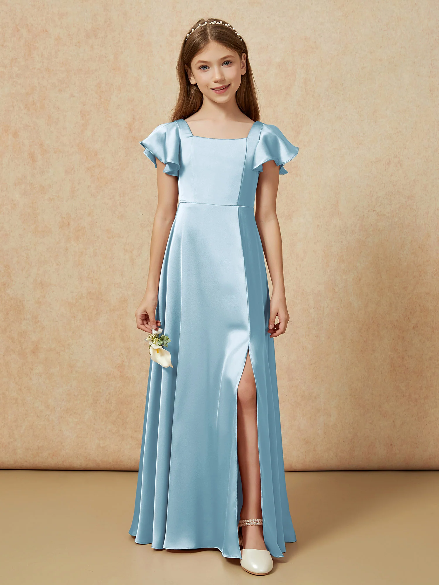 Square Neck Long Satin Junior Bridesmaid Dress Slate Blue