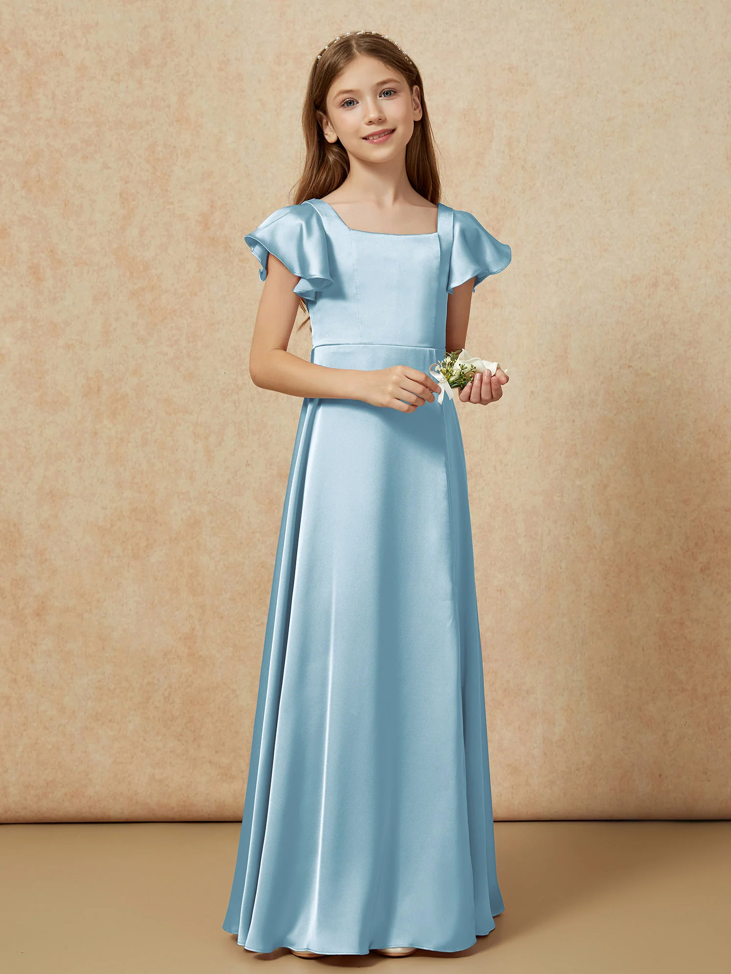 Square Neck Long Satin Junior Bridesmaid Dress Slate Blue - Image 6