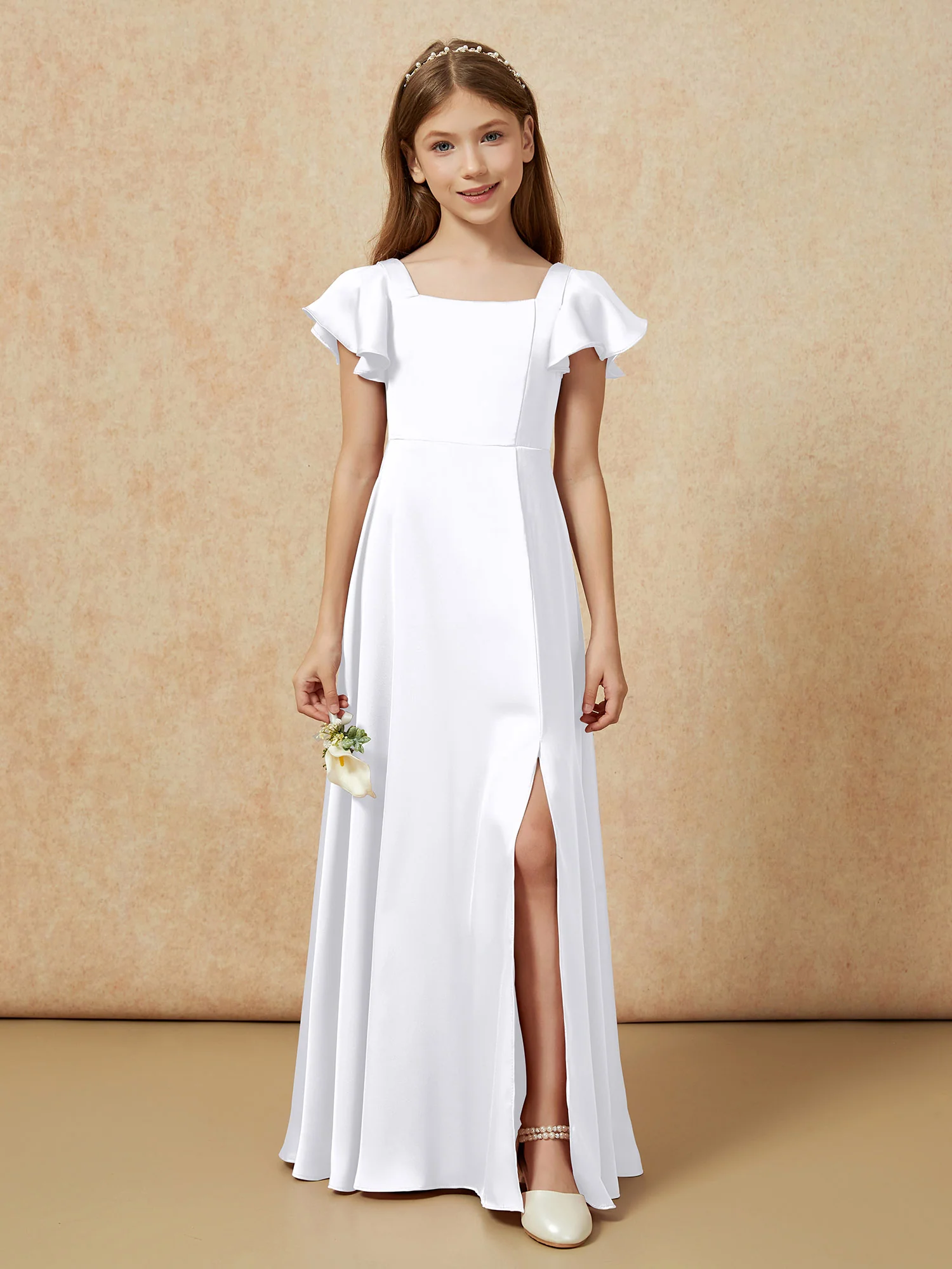 Square Neck Long Satin Junior Bridesmaid Dress White