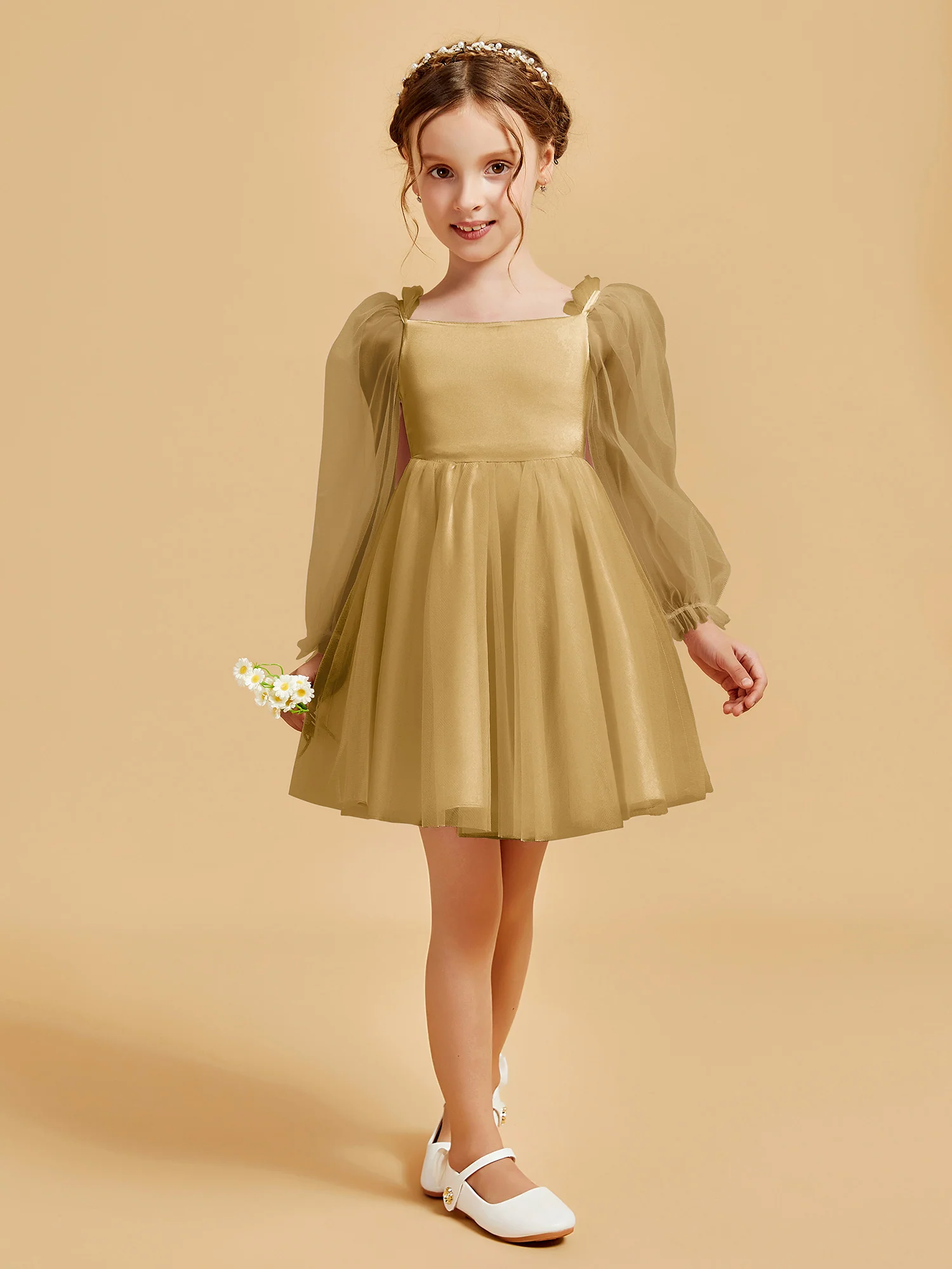 Square Neck Long Sleeve Girl's Short Dress Gold