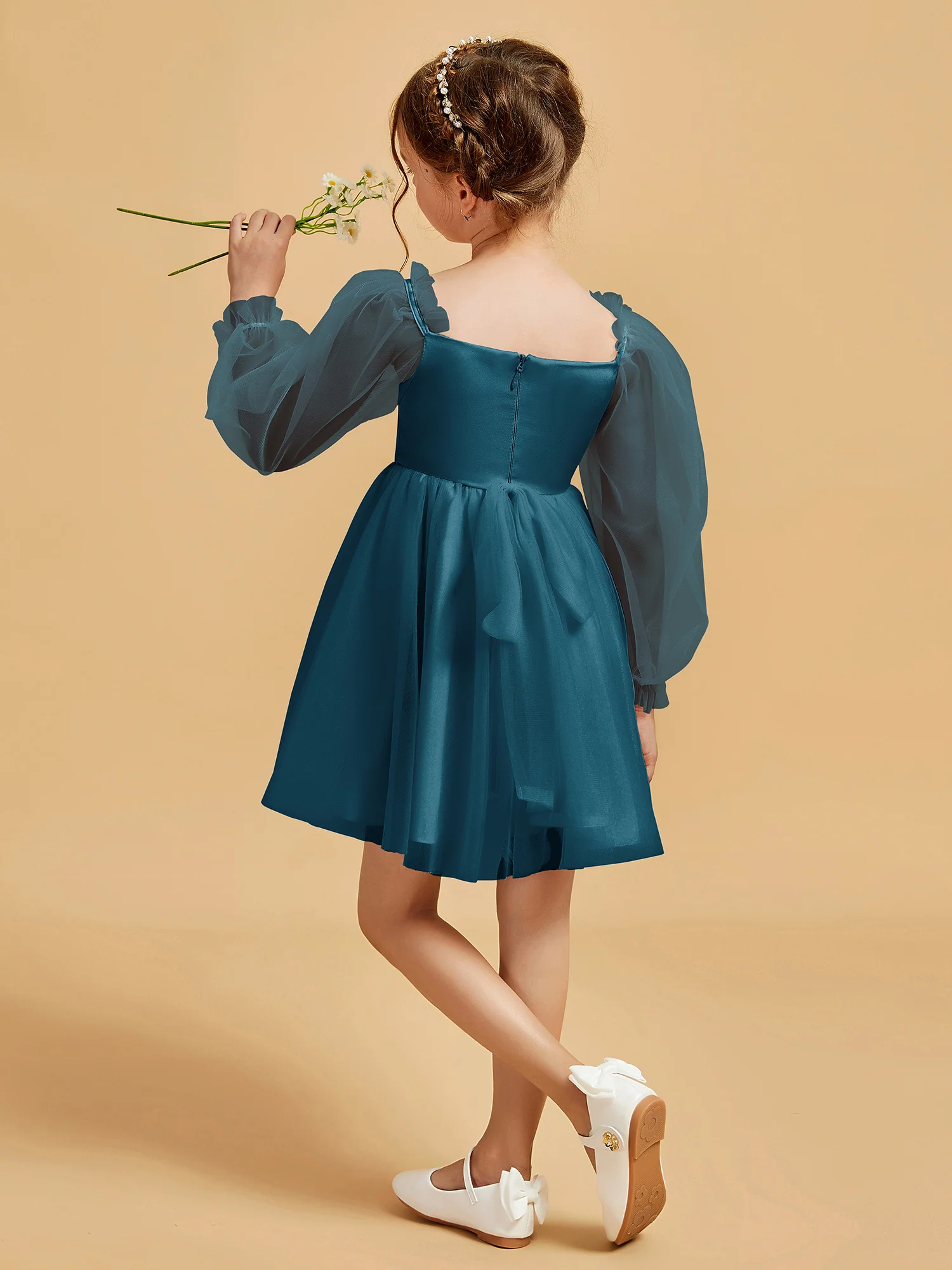 Square Neck Long Sleeve Girl's Short Dress Ink Blue - Image 2