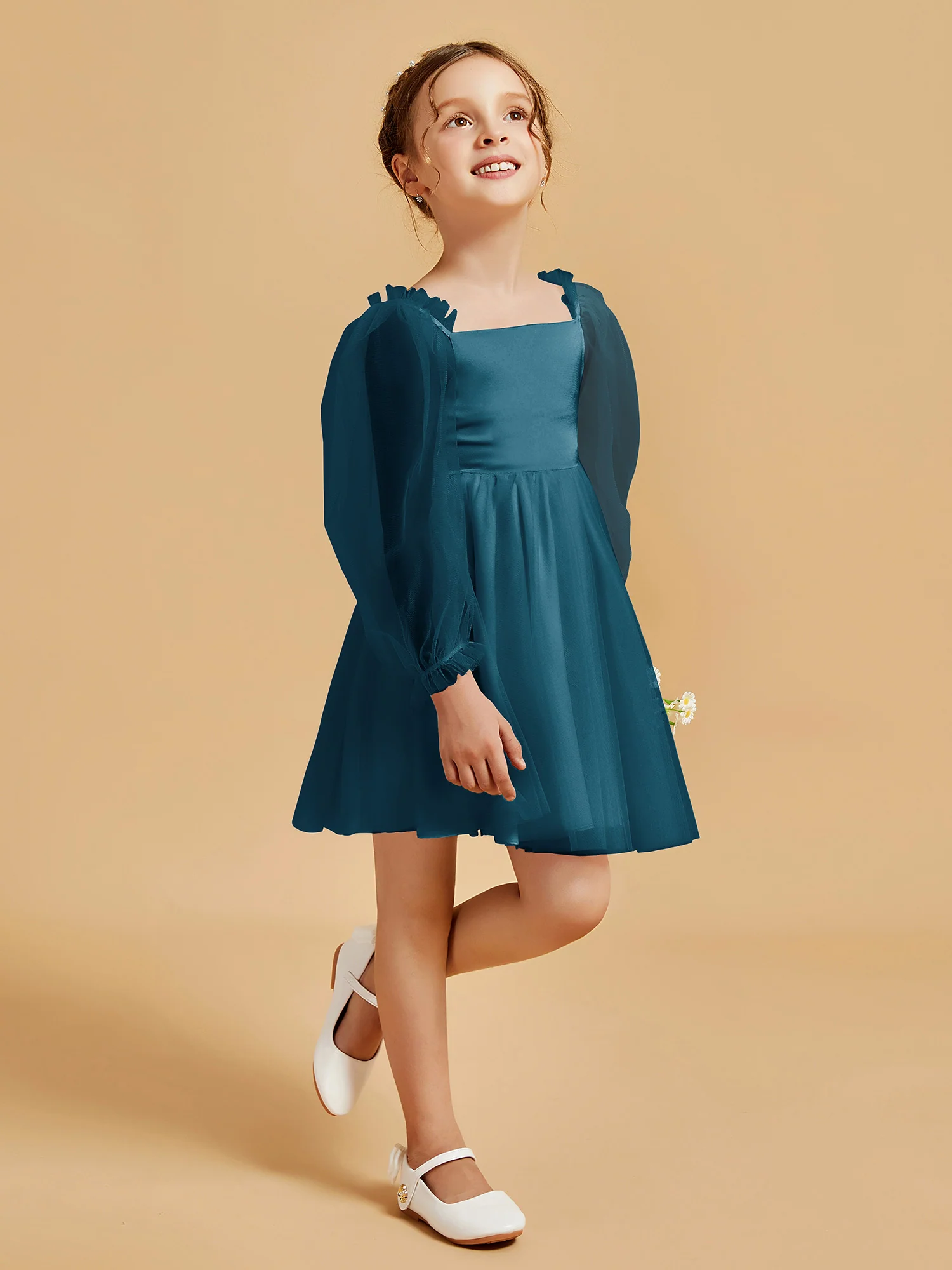 Square Neck Long Sleeve Girl's Short Dress Ink Blue - Image 3