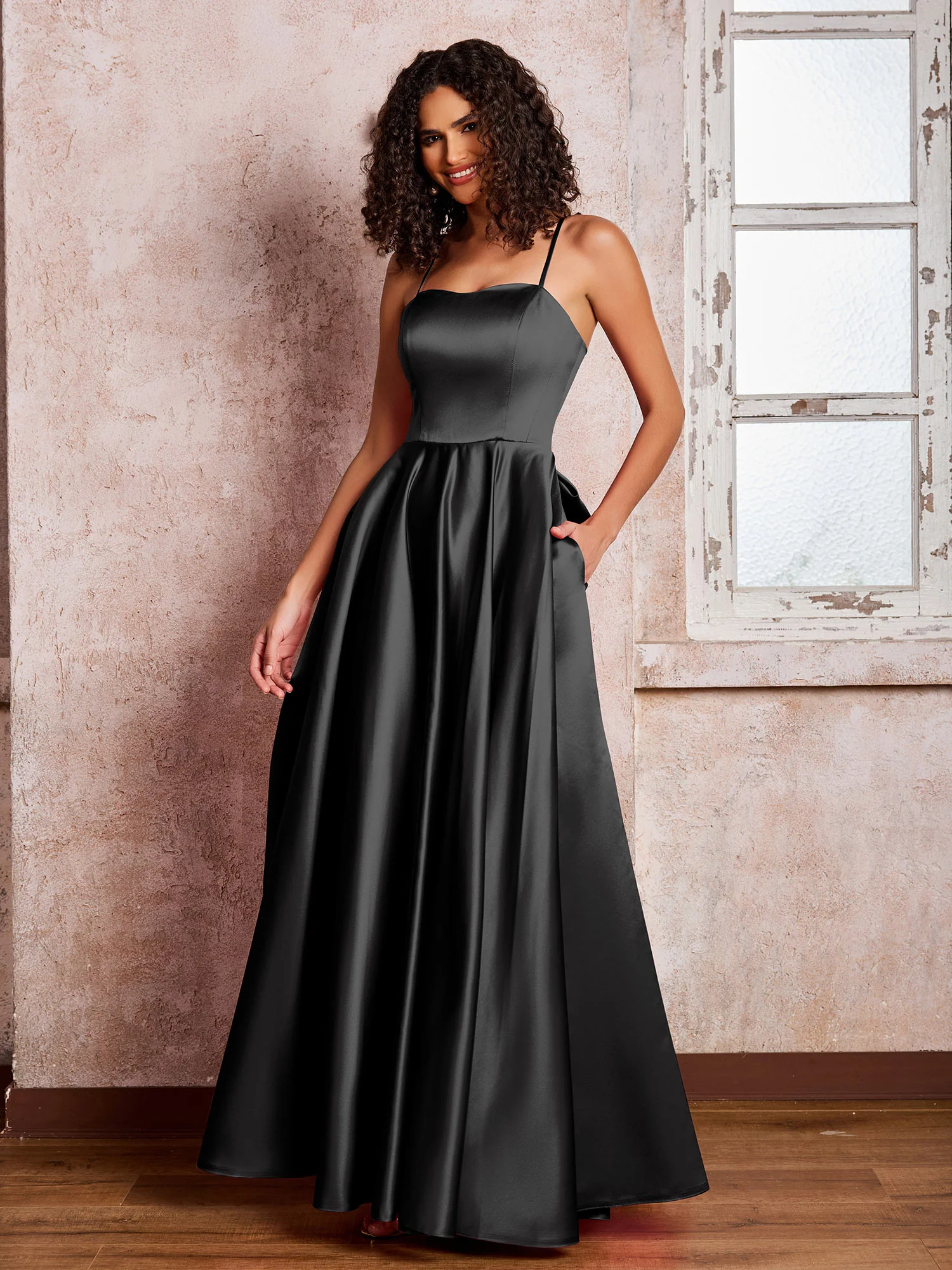Square Neck Spaghetti Straps Satin Dresses with Bow Black - Image 3