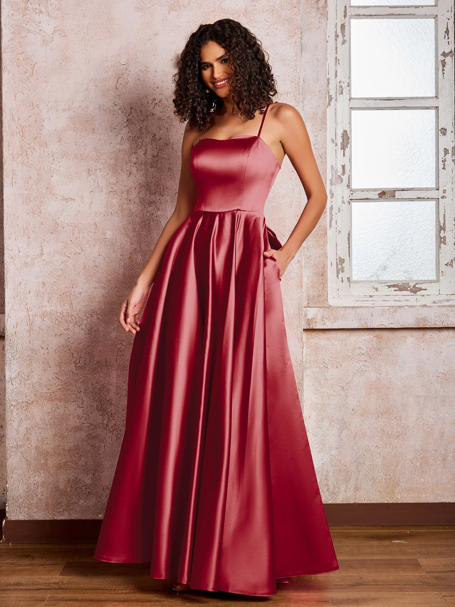 Square Neck Spaghetti Straps Satin Dresses with Bow Burgundy - Image 3