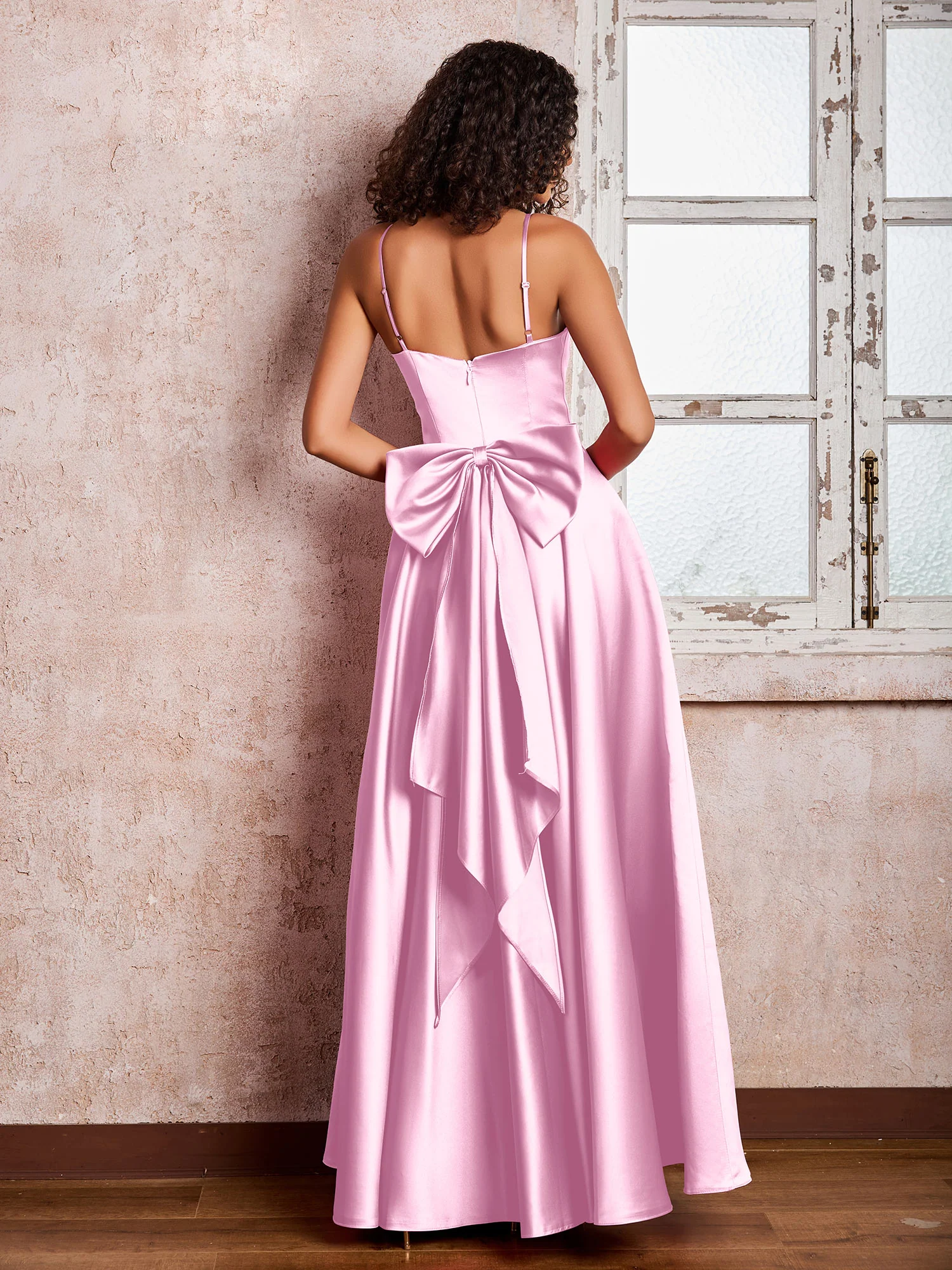Square Neck Spaghetti Straps Satin Dresses with Bow Candy Pink - Image 2